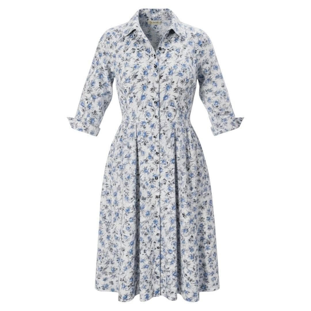 VTG Cay Artley Blue Floral Shirtwaist Dress Pleated Mid Century Rockabilly MEZ