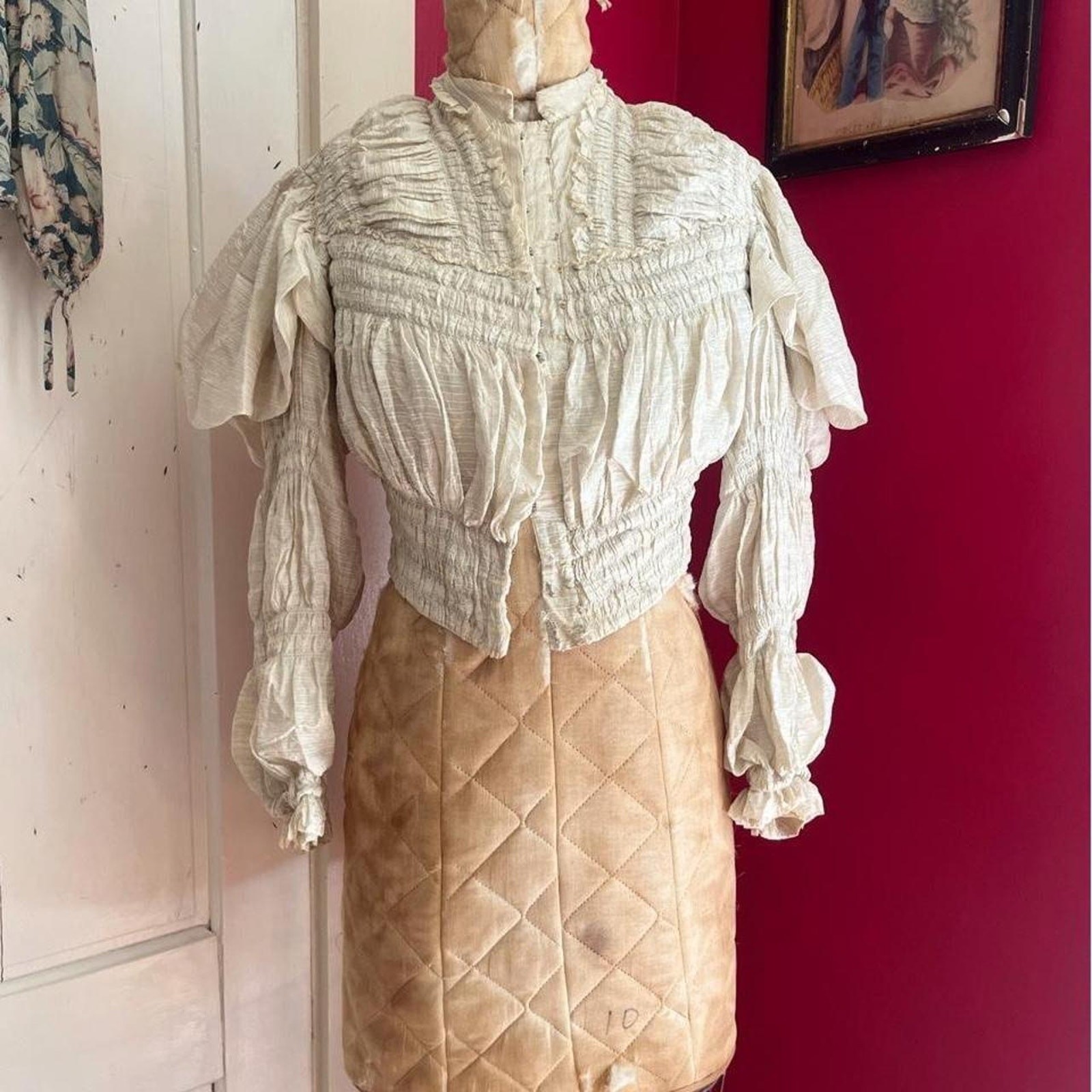 Antique Victorian Mint Green Cream Stripe Silk Ruched Puff Sleeve Bodice XXS