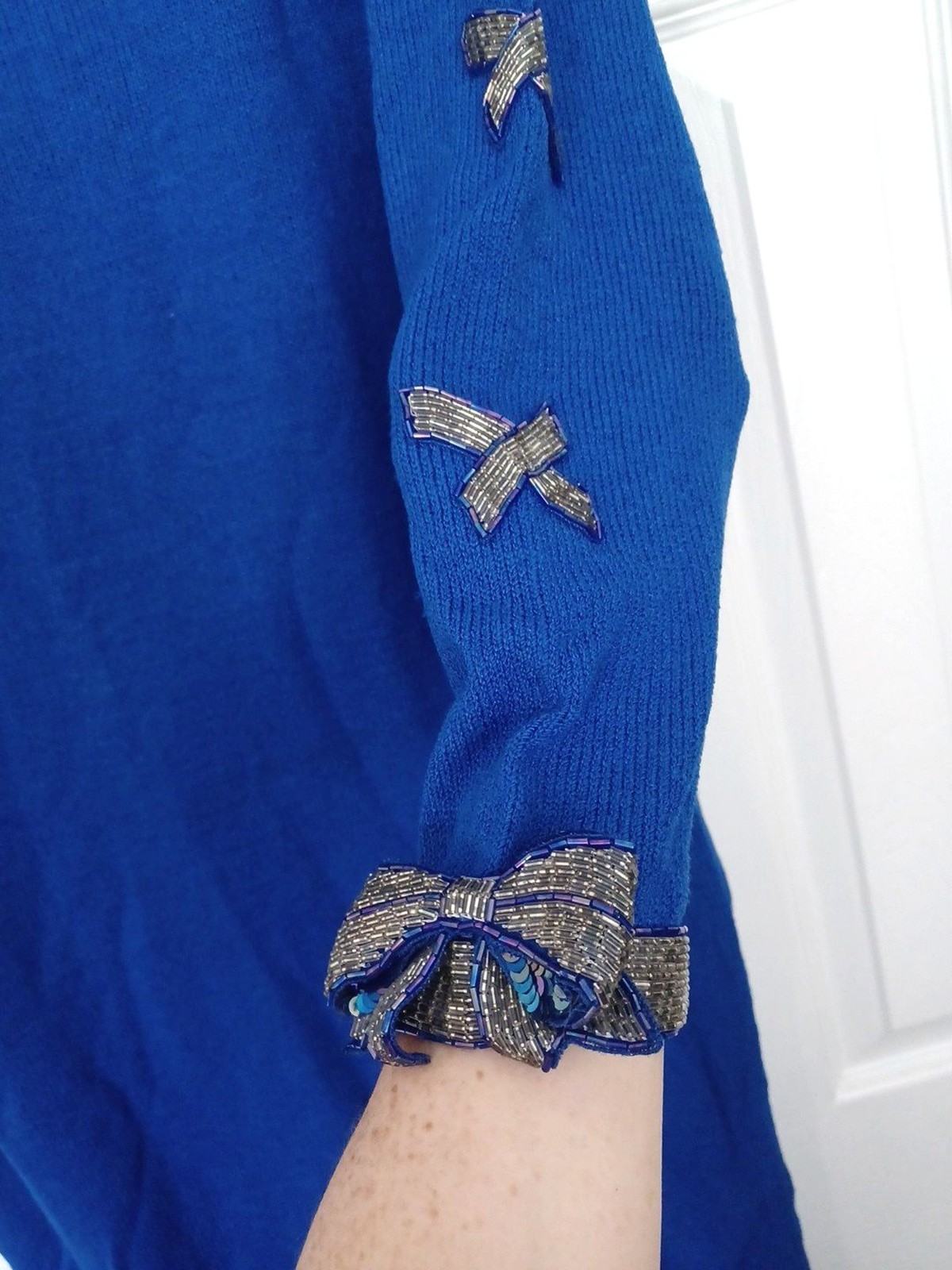 VINTAGE DON SAYERS For WELLMORE Blue Beaded 3D Bows On Sleeves SWEATER DRESS 12