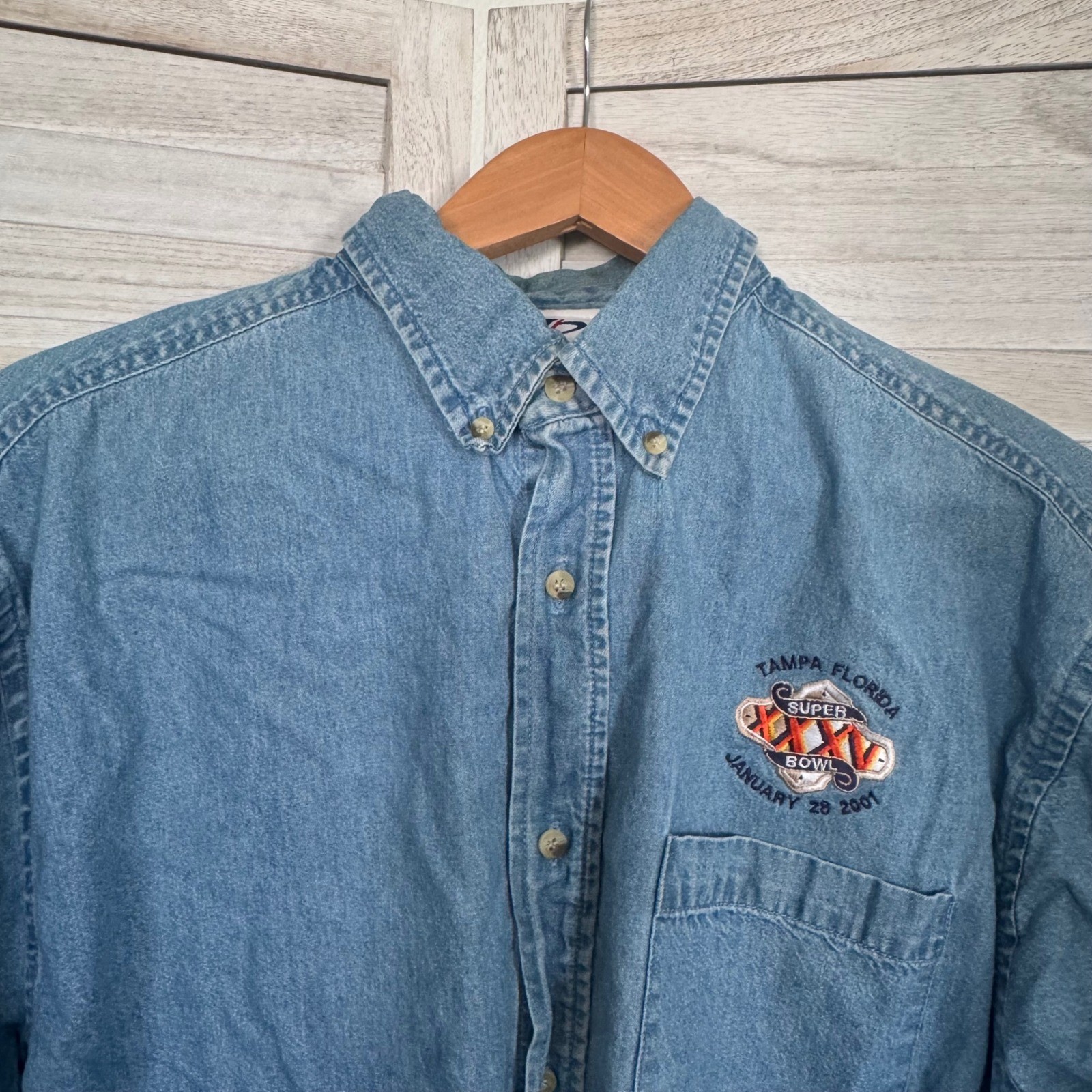 Vintage Superbowl XXXV 2001 Denim Button Down Shirt Tampa Florida Shirt Large
