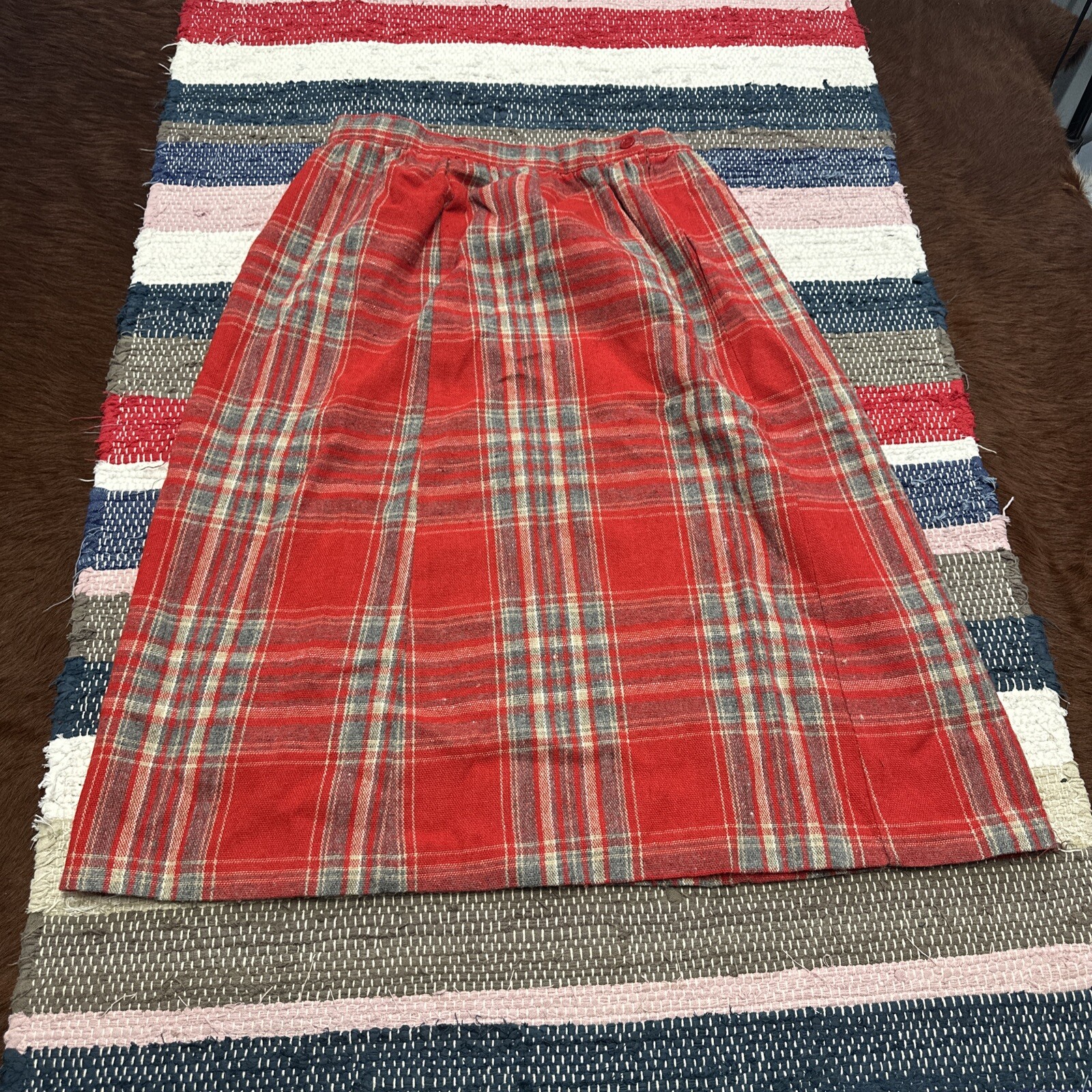 Vintage Flannel Plaid Red Skirt 28×29” Brand Unknown