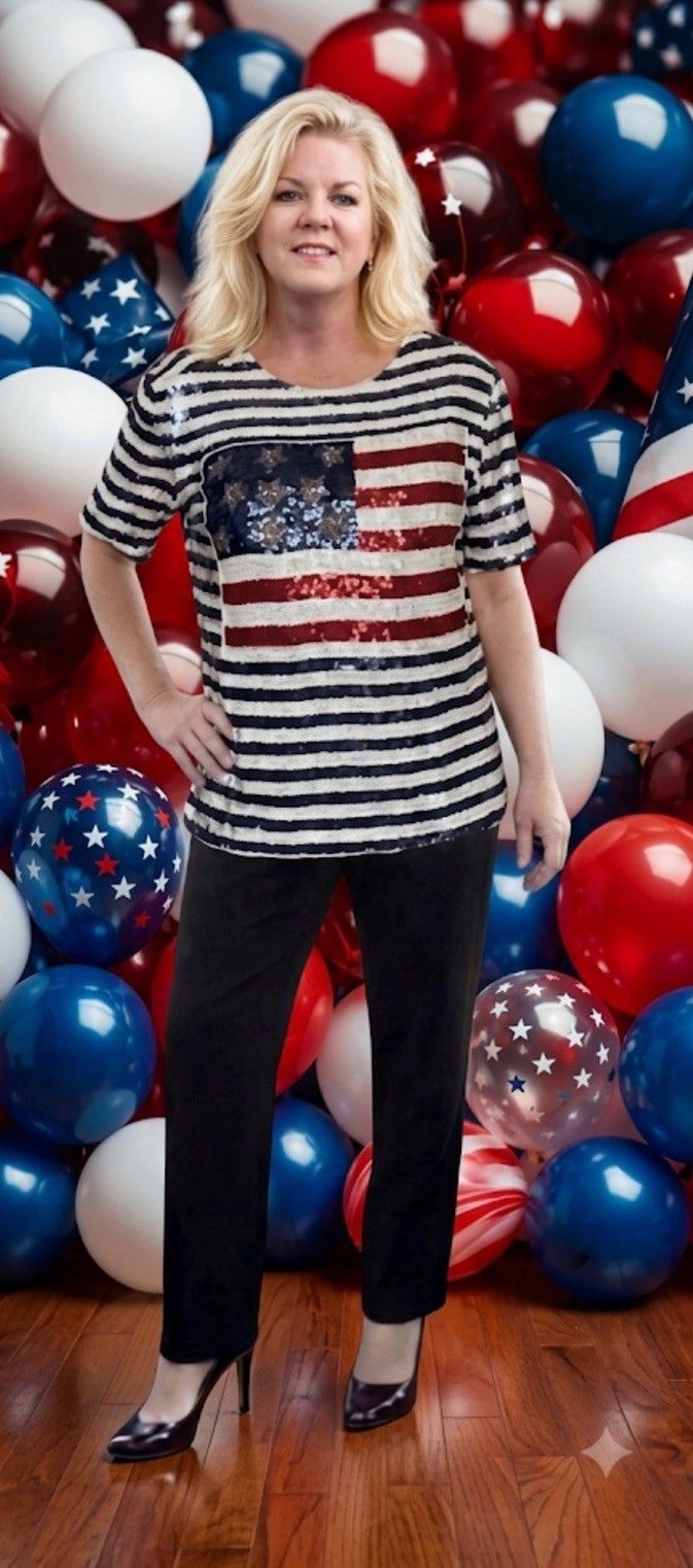 Vintage Sequin Flag Shirt Blouse Size Lx Silk 1980s Patriotic USA Celebrate New