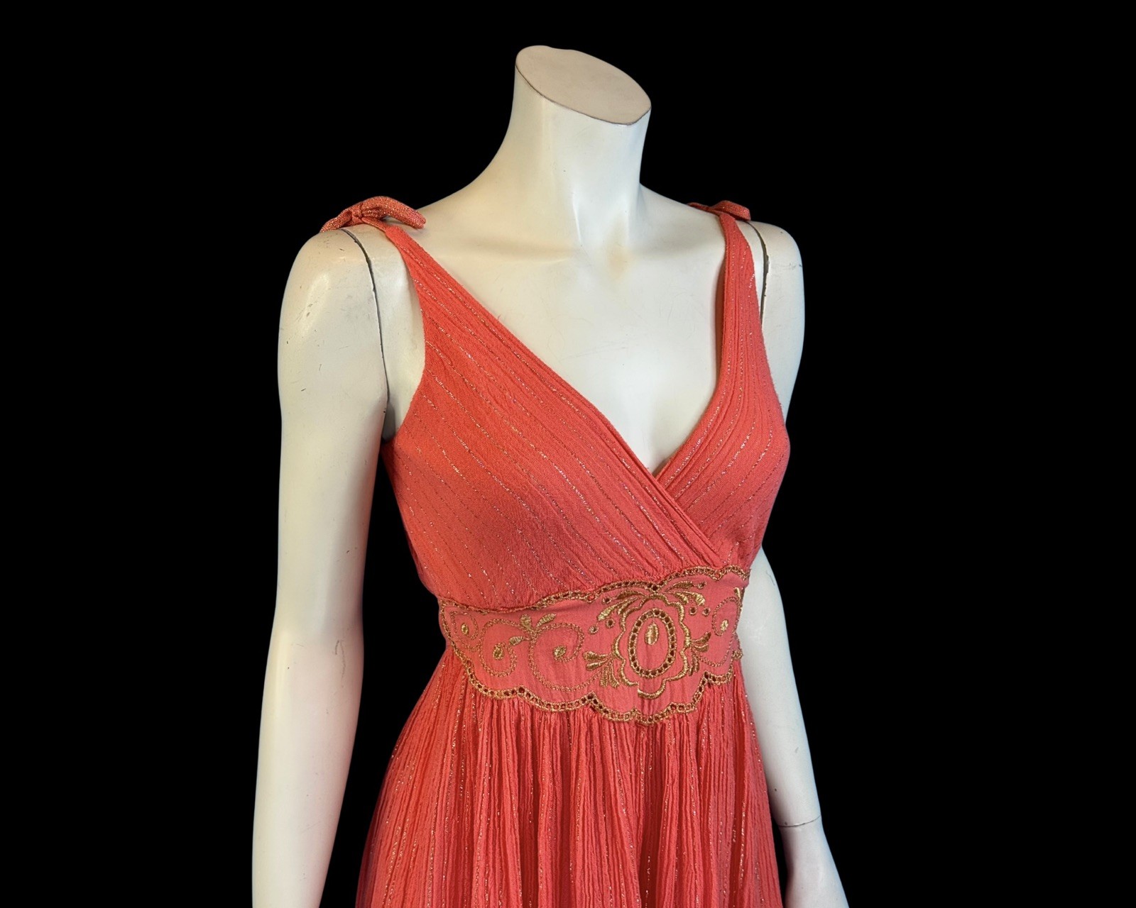 80s Greek Goddess Coral Gauze & Gold Lurex Mini Vintage Sundress | S