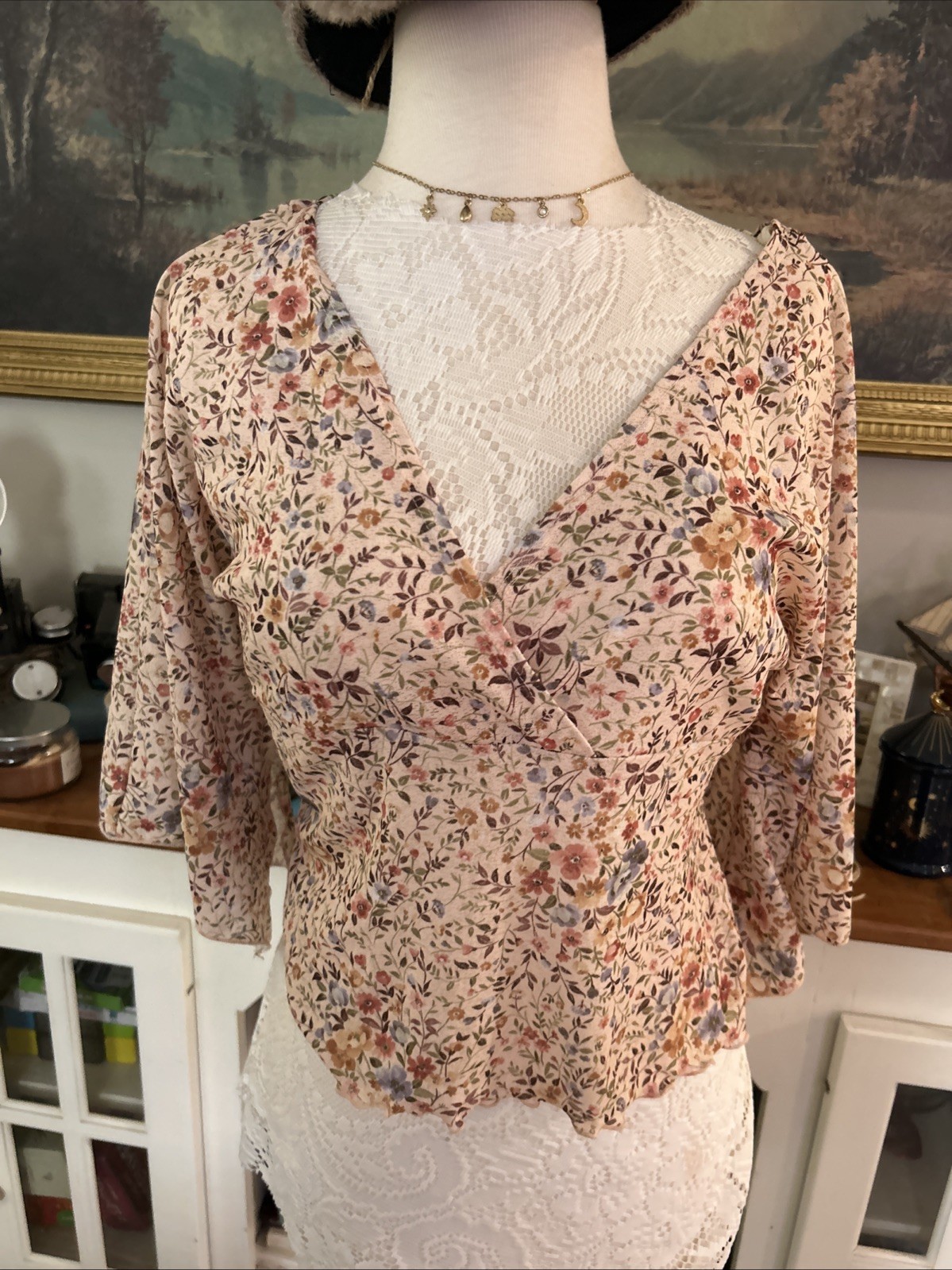 Anxiety Cafe Shirt Womens L Floral Babydoll Top Y2K VTG Fairy Grunge Large