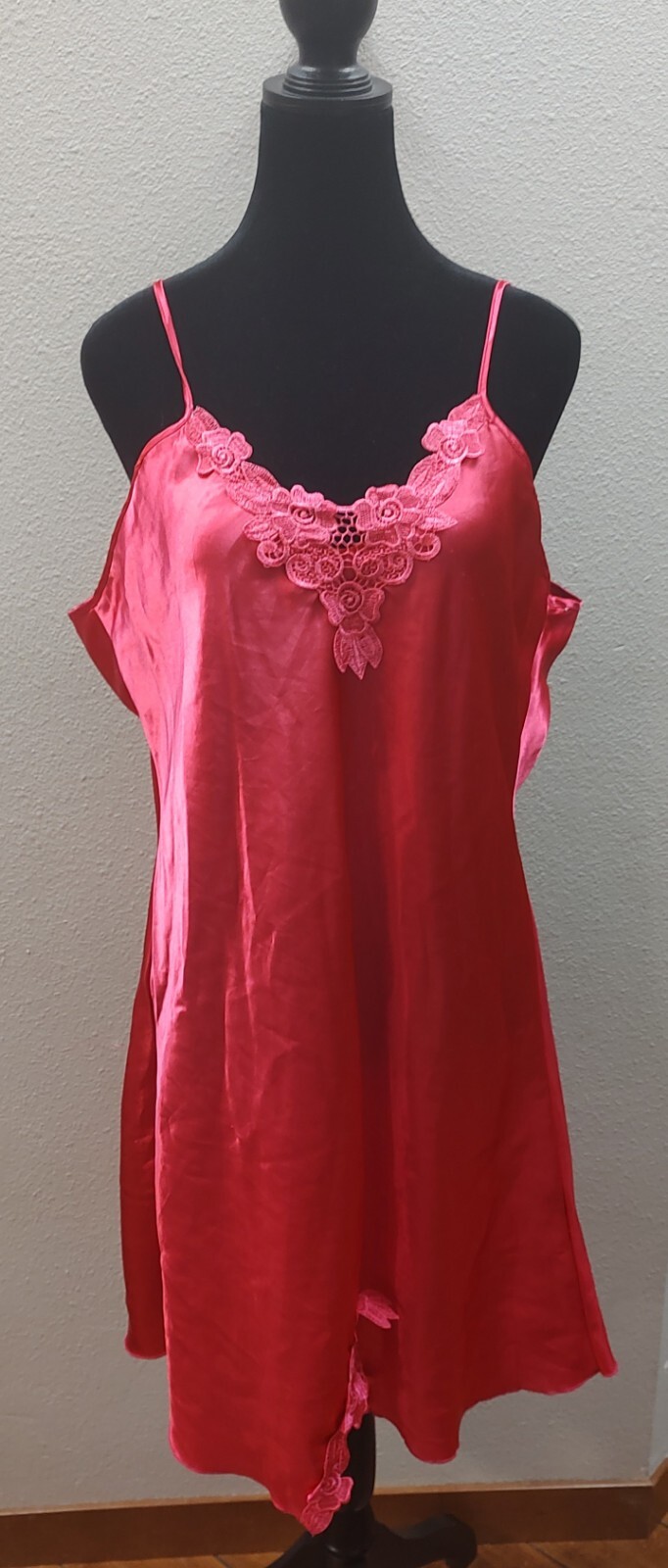 Womens Vintage Pink Teddy Nightgown Pullover Spaghetti Straps Lace Trim 2XL B6