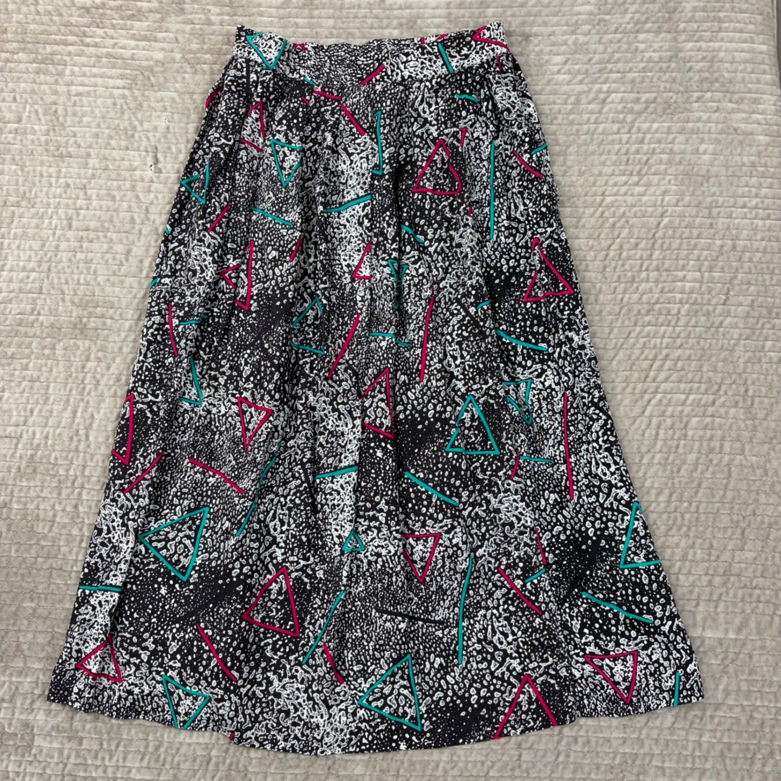 Vintage Greenwich Square 80s Geometric Neon Midi Skirt Black White Rayon 11-12