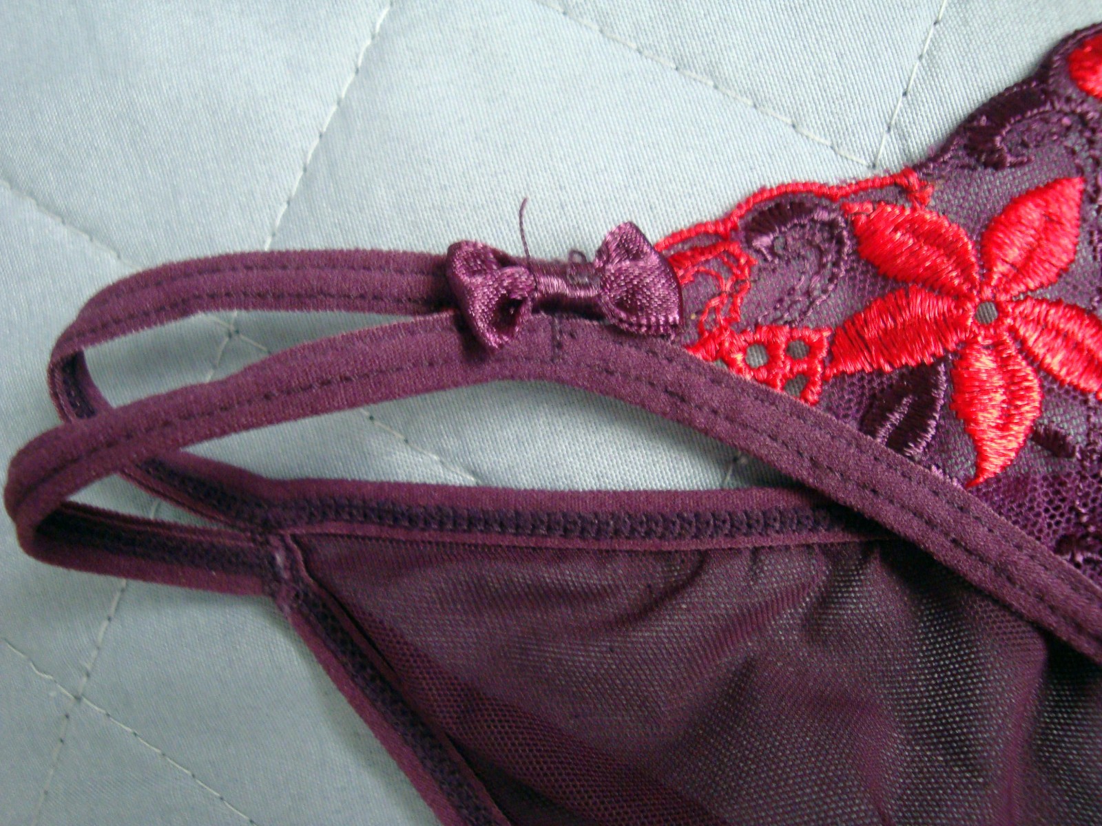 Vintage 7 L Purple Mesh Double String Bikini Panty w/ Floral Lace & Bows
