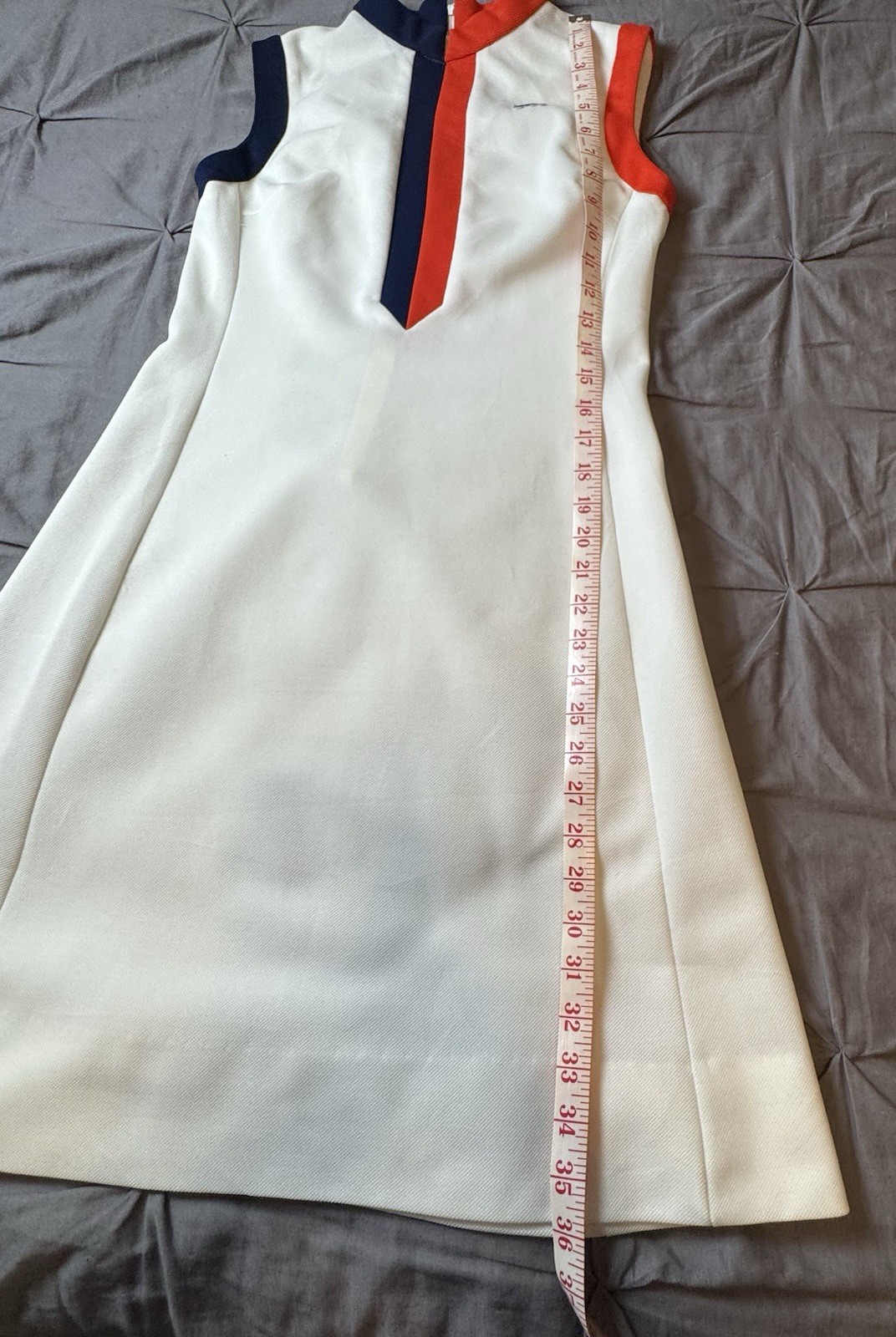 Vintage 1970s Lacoste Tennis Dress Sleeveless Shift Cut Red & Navy Trim Women XS
