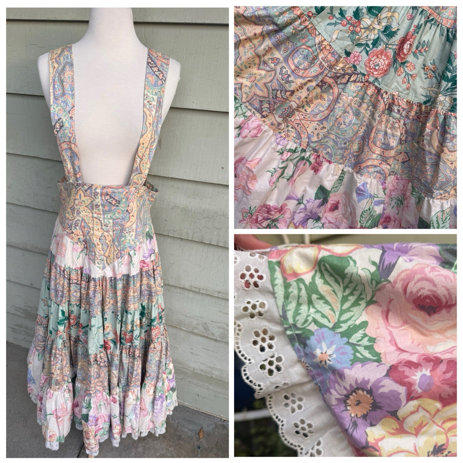 Karen Alexander Pinafore Dress Full Skirt Pastel Floral Patchwork High Waist 12