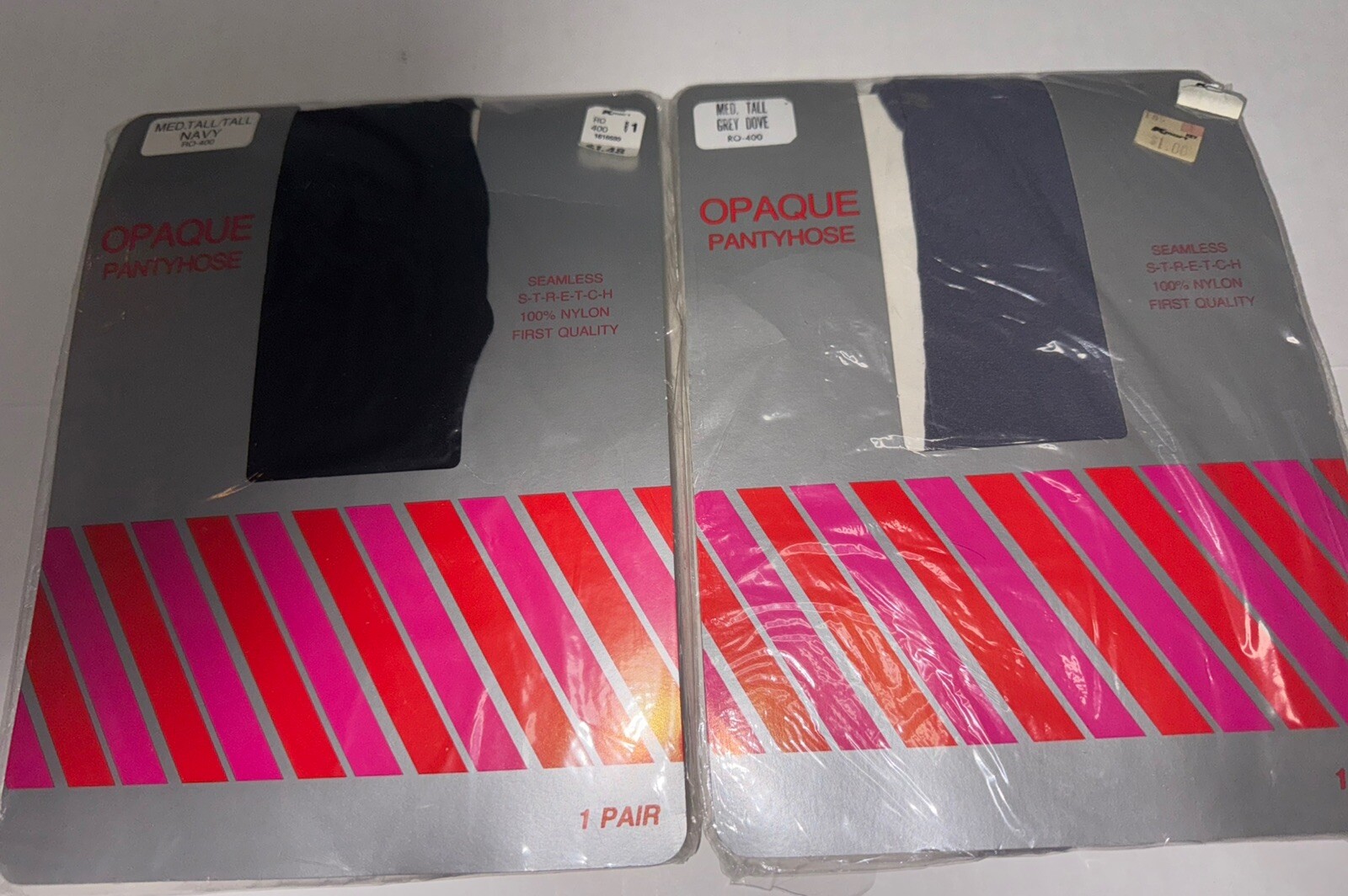 2 K-MART Vintage DOVE GREY & NAVY Opaque Nylon PANTYHOSE Size MEDIUM TALL 1970’s