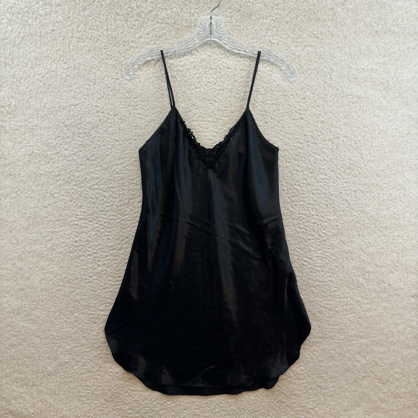 Vintage Secret Treasures Slip Dress Medium Black Satin Lace Chemise Negligee