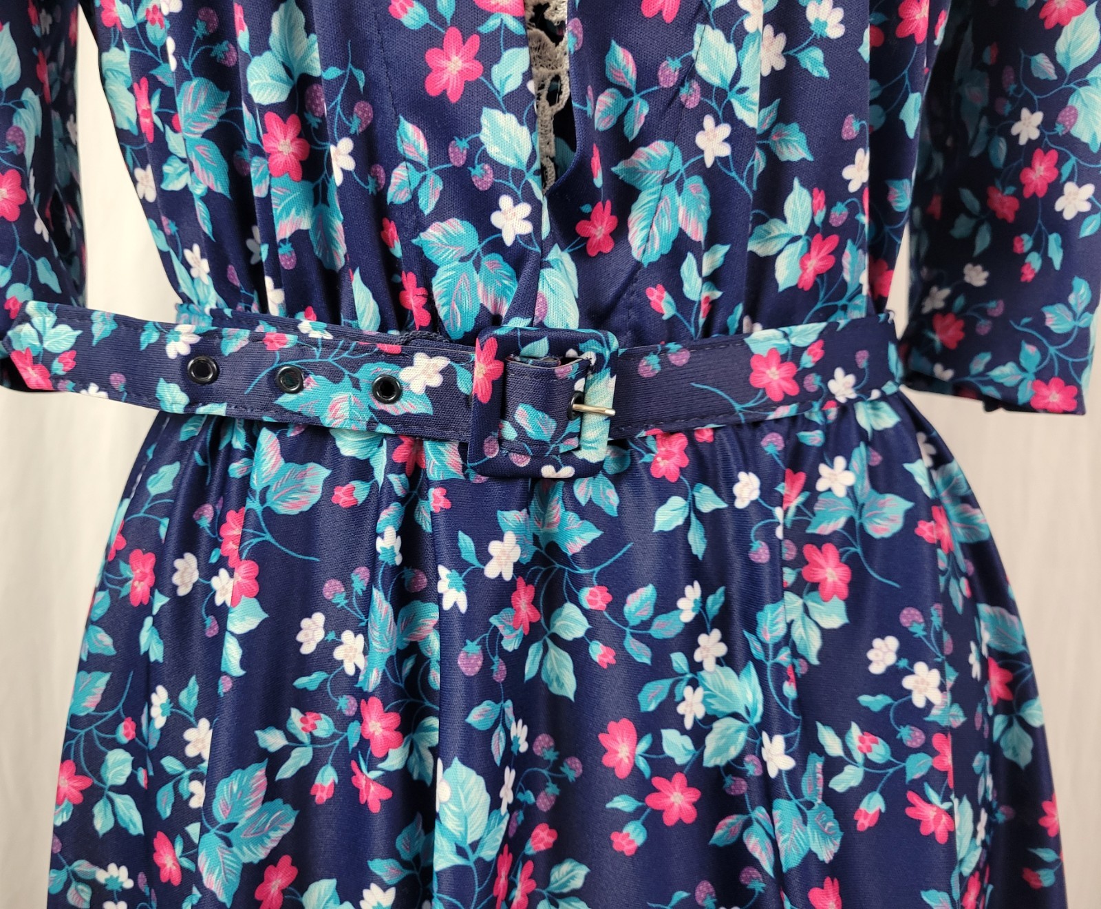 Vintage Whirlaway Blue Floral Dress w White Lace Inset & Matching Belt Size 12