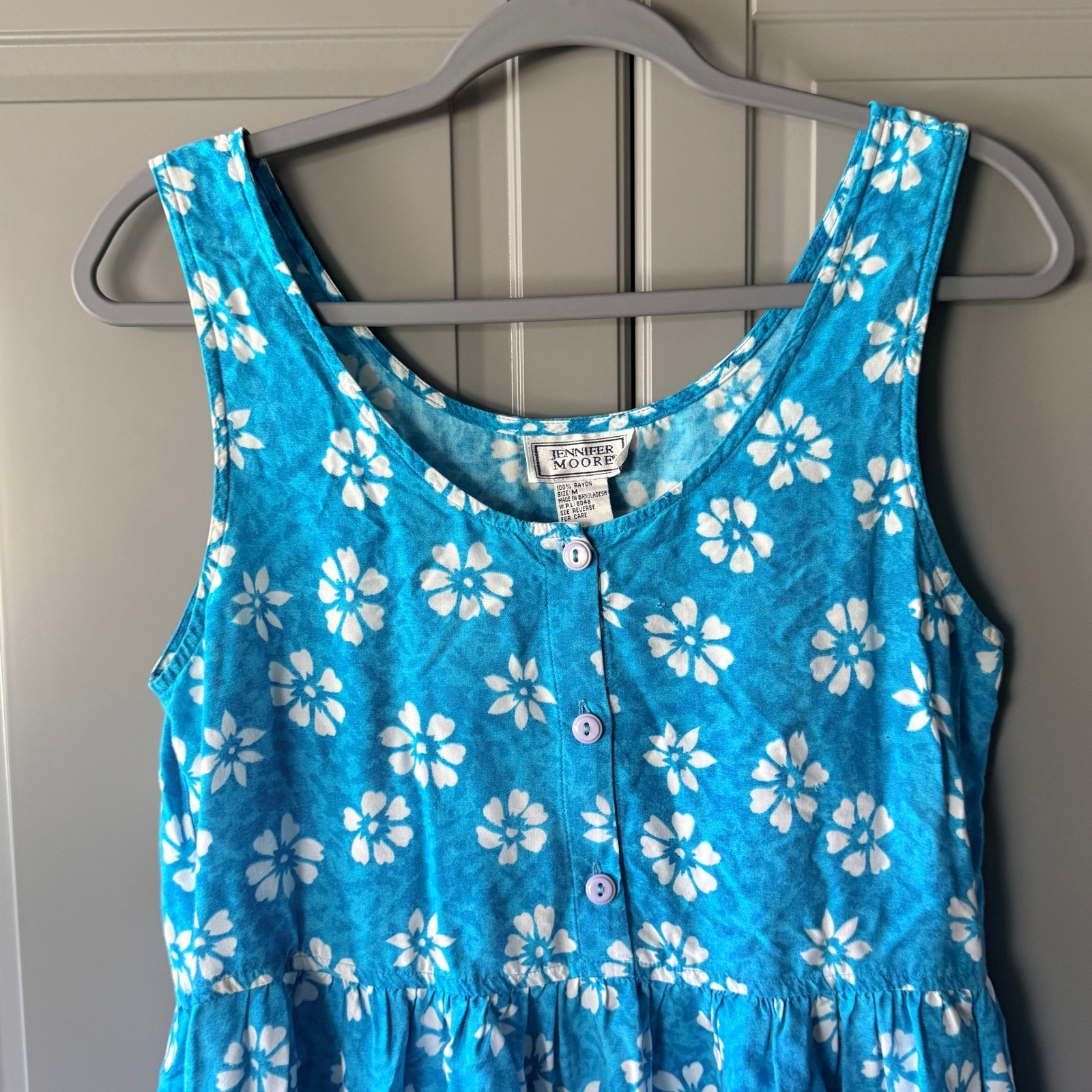 Jennifer Moore Vintage Tropical Hibiscus Sleeveless Babydoll Sundress,Teal,M