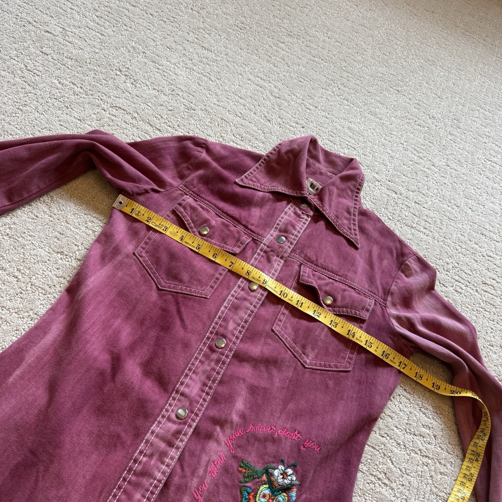 VTG 70s It’s Rich Embroidered Owl Snap Button Shirt Size Small Made In Hong Kong