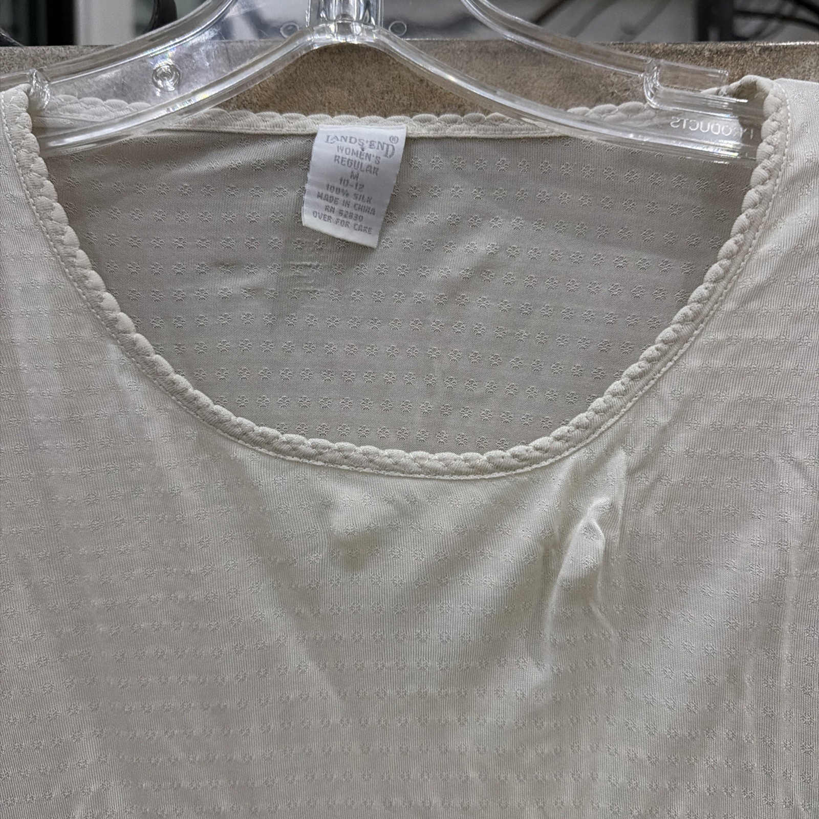Vintage 80s Lands End 100% SILK Pattern Sheer Top Undershirt Blouse White M10-12