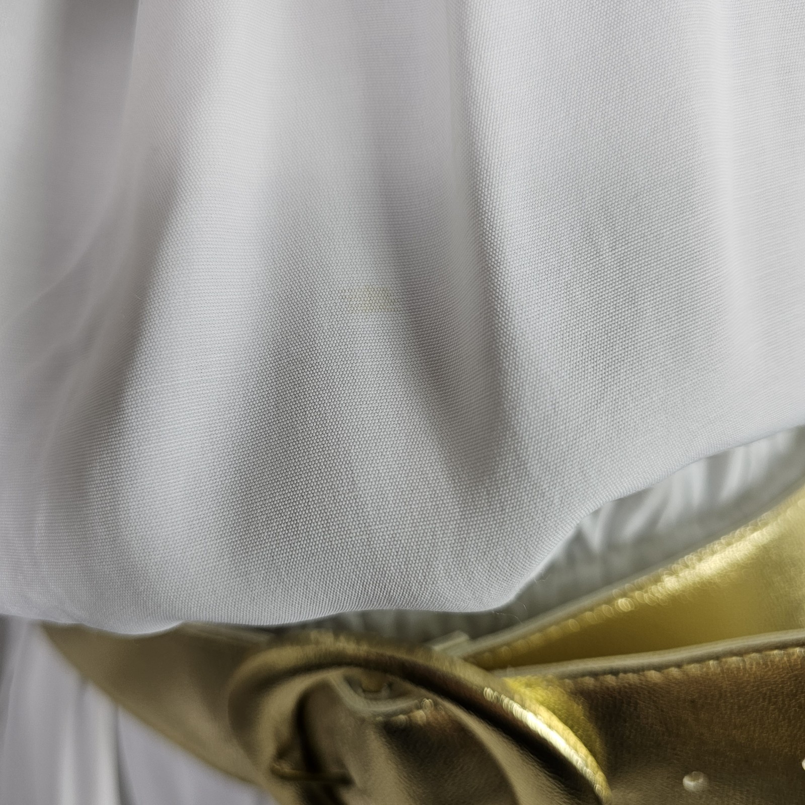Vintage 80s Menu Greek Goddess White Peasant Dress Gold Trim Ruffle Off Shoulder