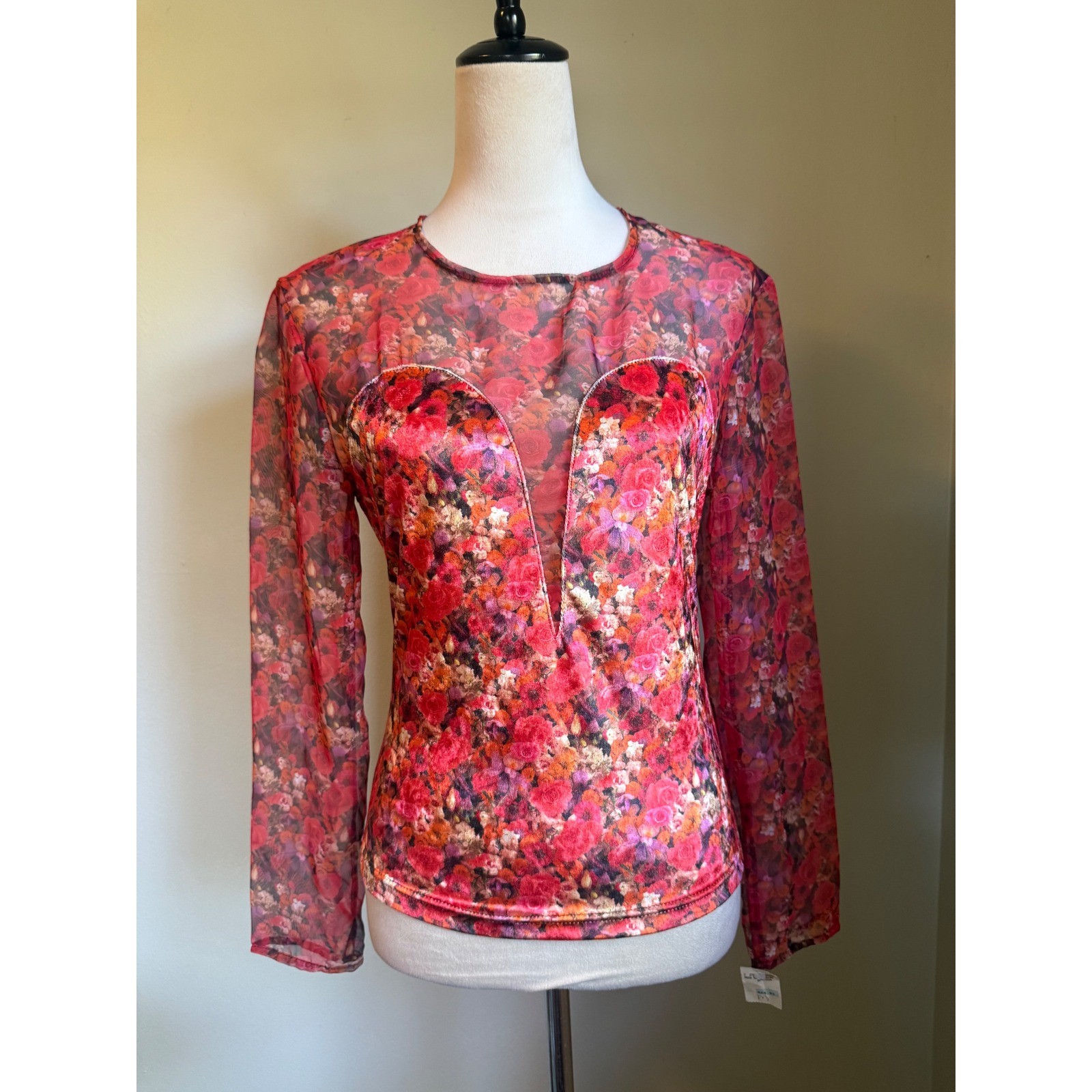 Vintage Yes Clothing Red Floral Mesh Velvet y2k whimsi boho dainty Top M NWT