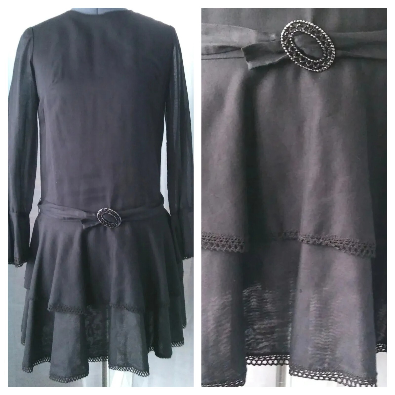 Vintage Carlette Black Drop Waist Dress with Trim & Belt 36″ Bust Size SM?