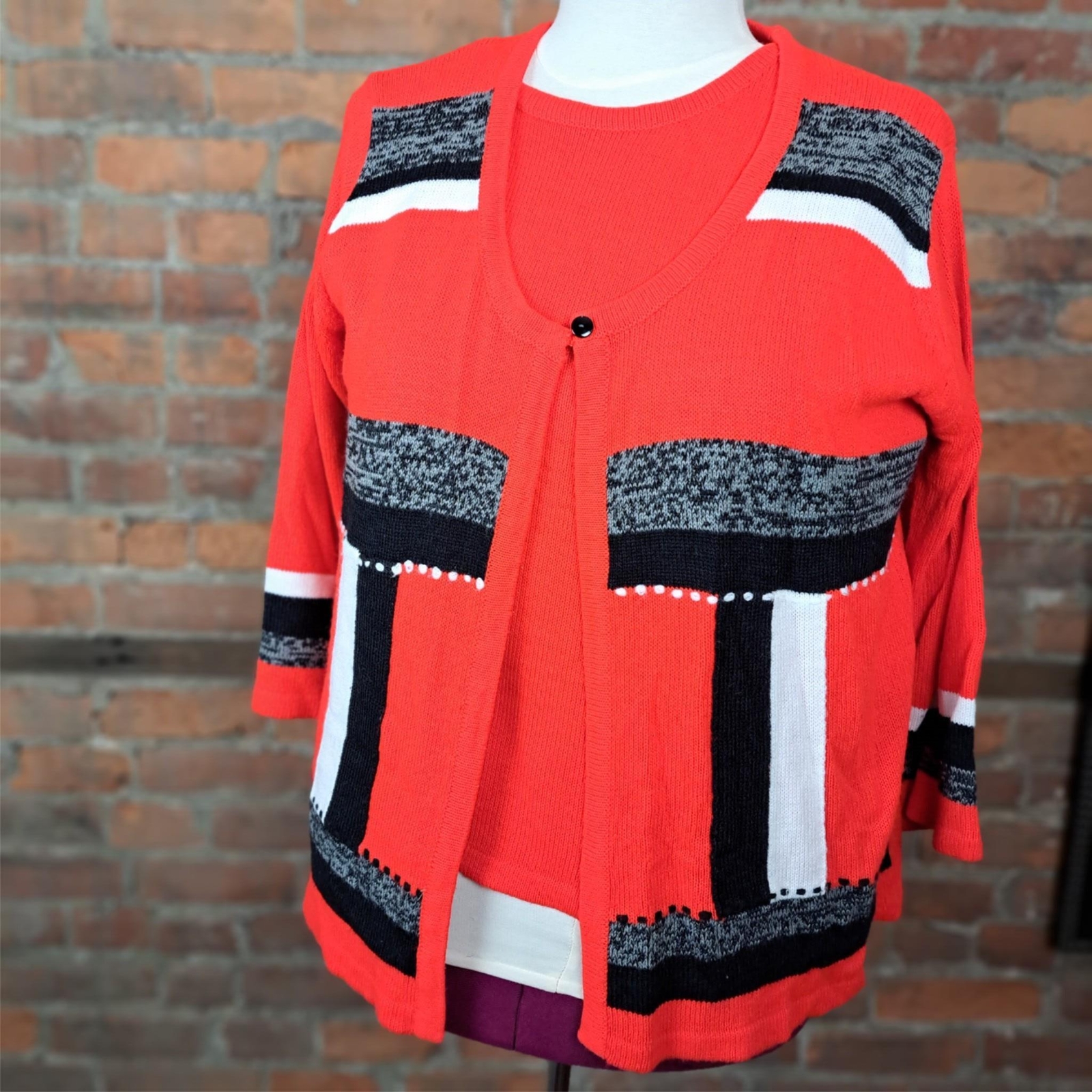 Vintage Womens Sweater Twinset Red with Black White Gray Cardigan Size XL