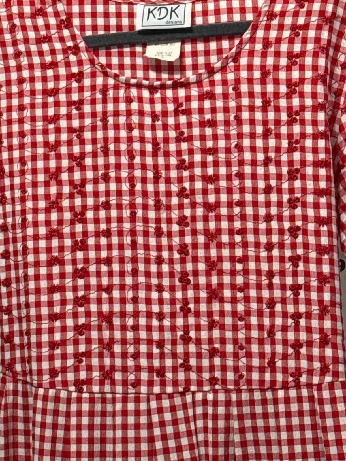 Vintage KDK Designs Red & White Gingham Midi Dress With Embroidered Size 8