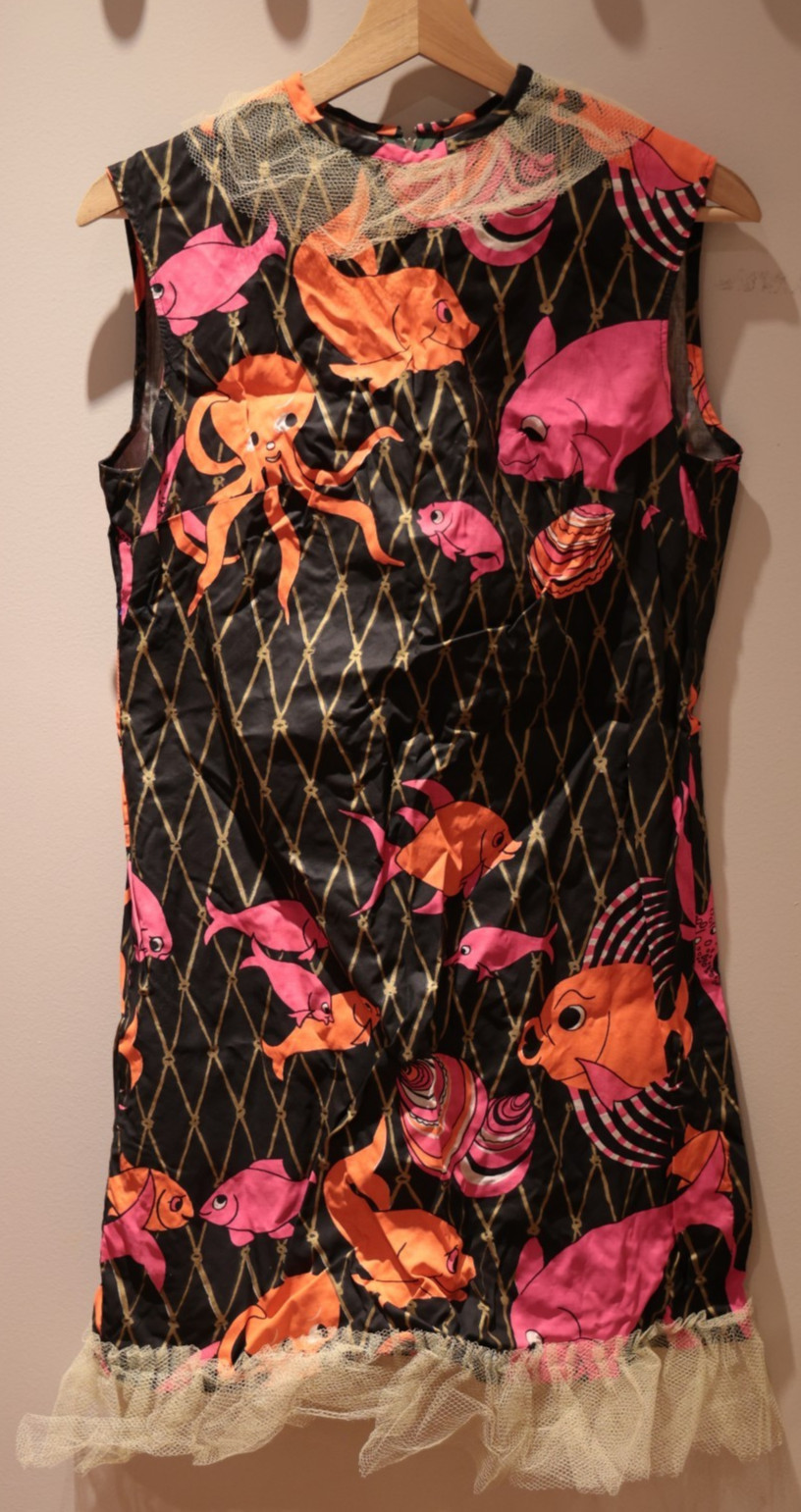 Vintage Sleeveless Dress Fish Octopus Sea Black Gold Pink Orange S/M *** RARE