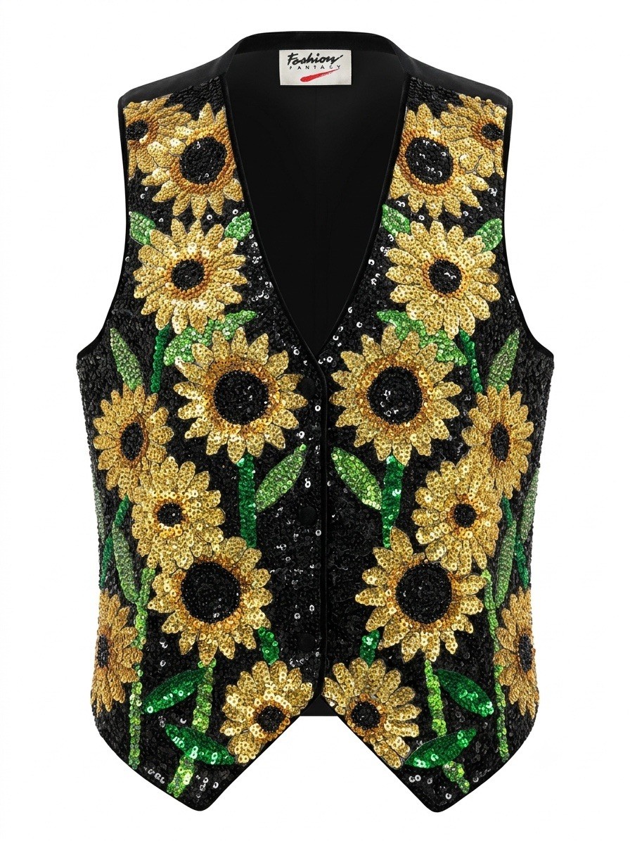 Vintage Fashion Fantasy Sequined Sunflower Vest Large Black Gold Floral 90s