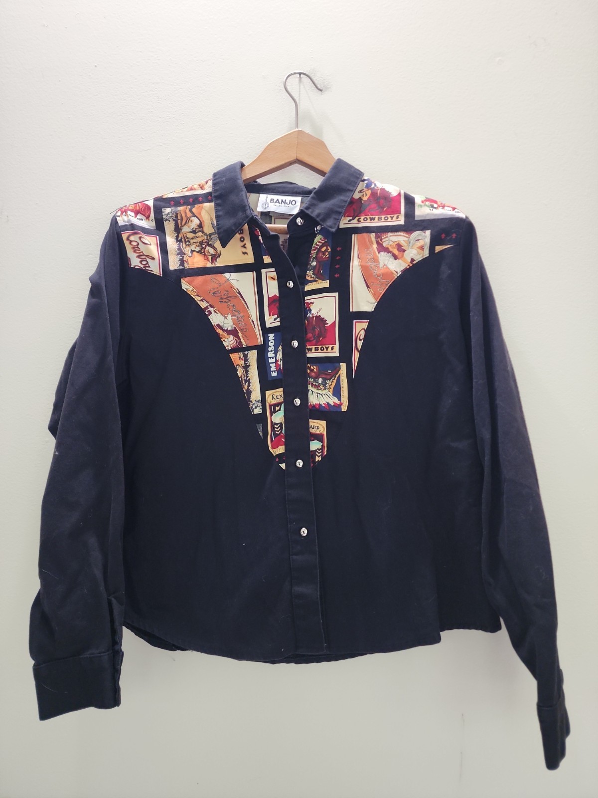 Vintage Banjo Dallas Texas Western Shirt Womens XL Black Cowboy Print Cotton USA
