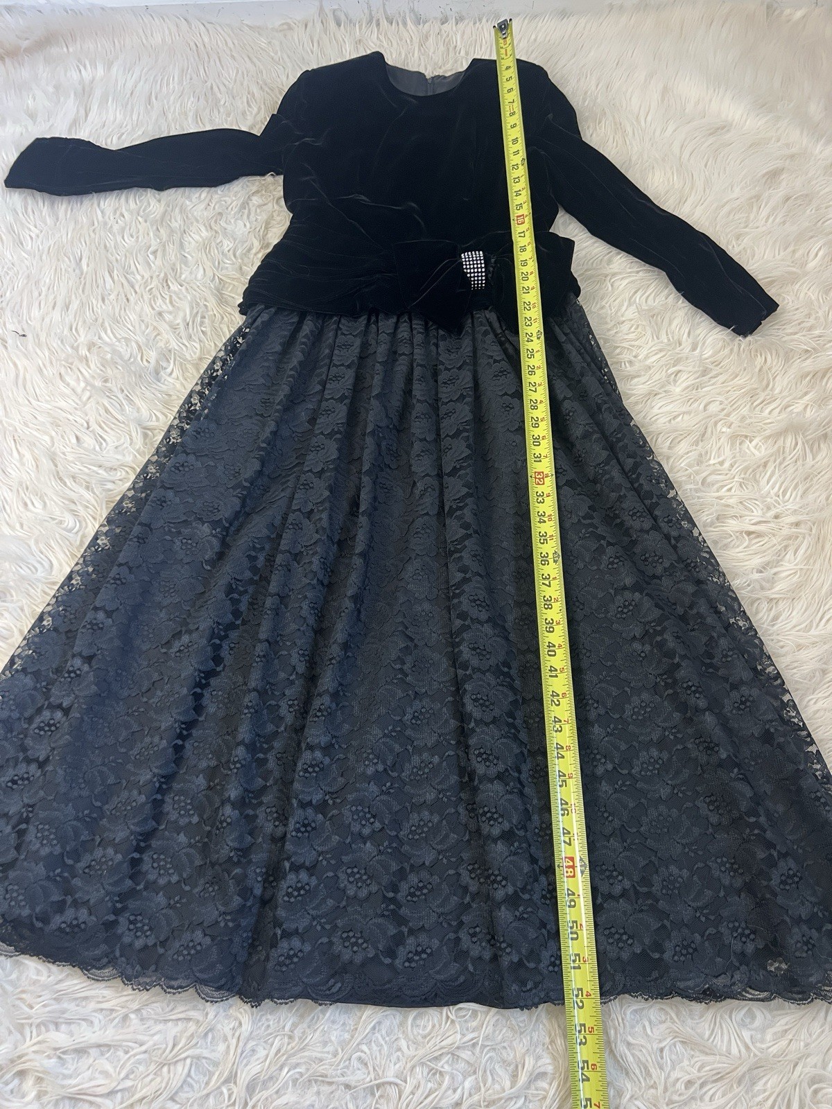 NUIT Vintage 80s Velvet Prom Party Dress Black Lace Dropped Waist Size 12 Glam