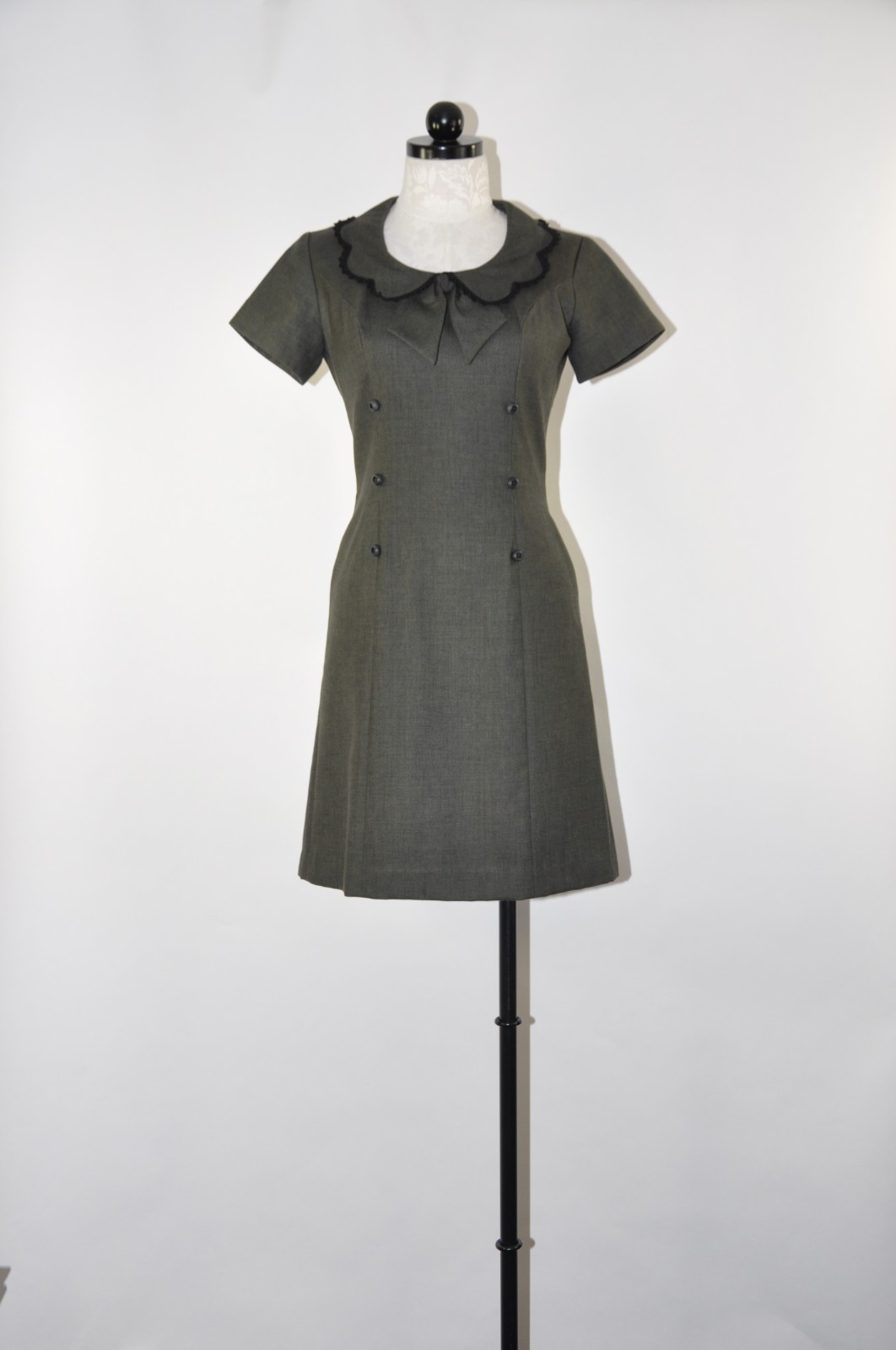 60s Vintage Dark Green Cotton Canvas Scallop Peter Pan Collar Mod Dress Women S