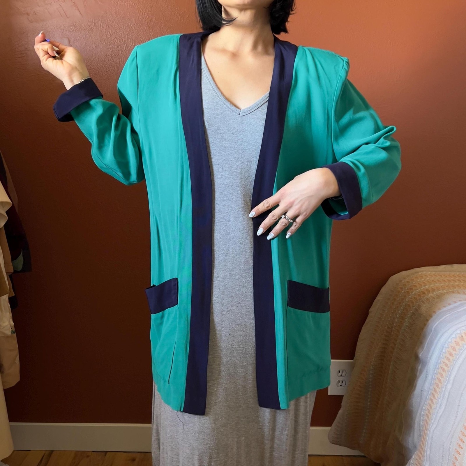vtg 80s color blocked green open front blazer size 14 made in USA casual