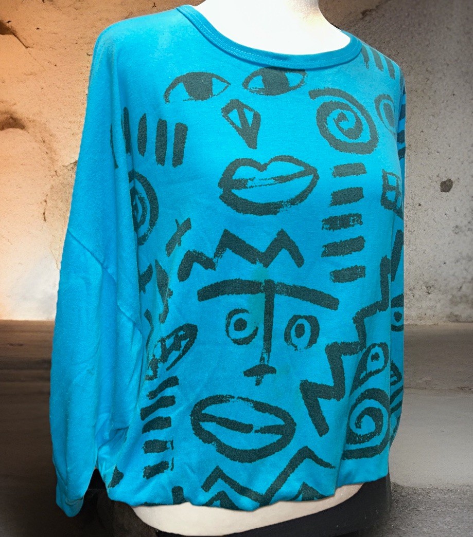 Vintage 80s Abstract Graphic Top | Teal Blue Oversized Shirt | Made in USA | S/M