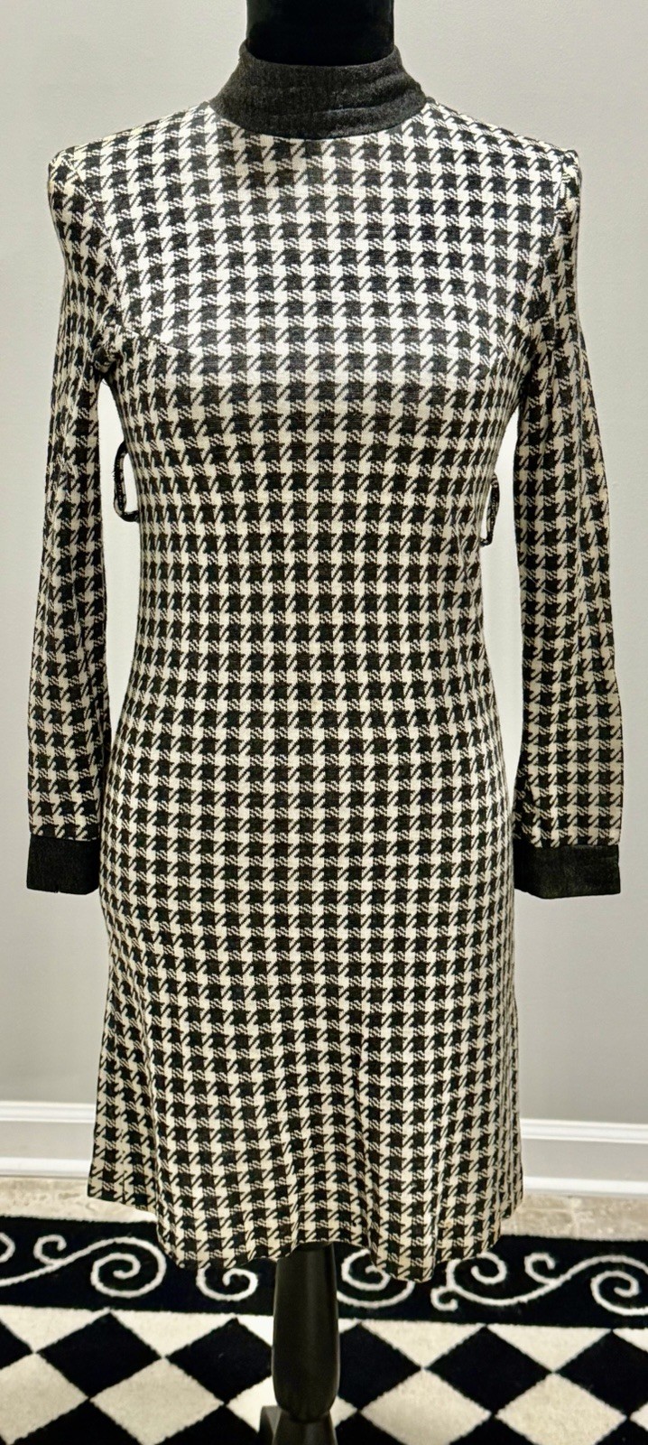 2 Vintage 1970s Women’s Dresses- Tan Terry Shirt Dress& Grey Houndstooth