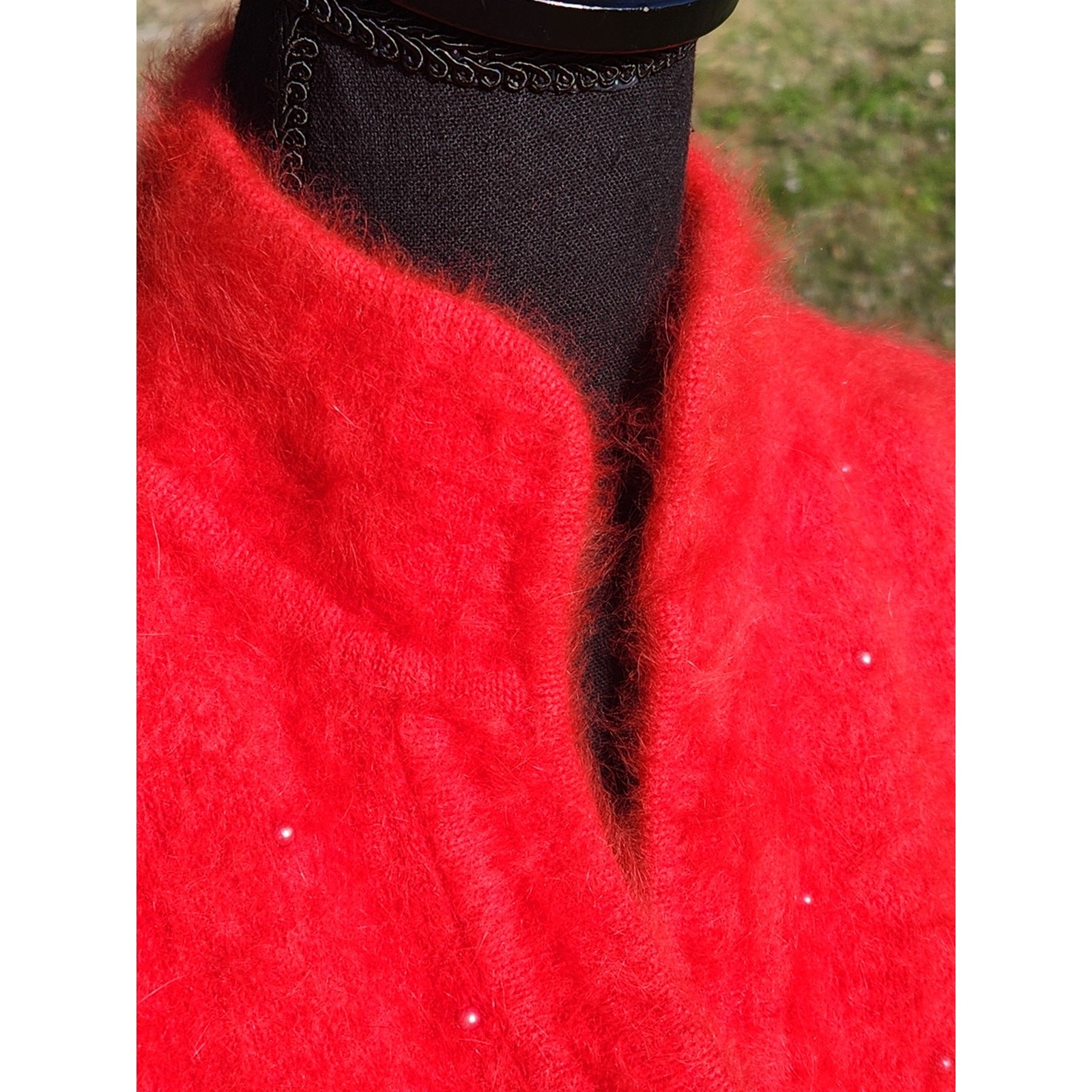 ANGORA Vtg TOMATO RED SWEATER Soft Bead Puff Sleeve Pullover Hi Neck Top M 38