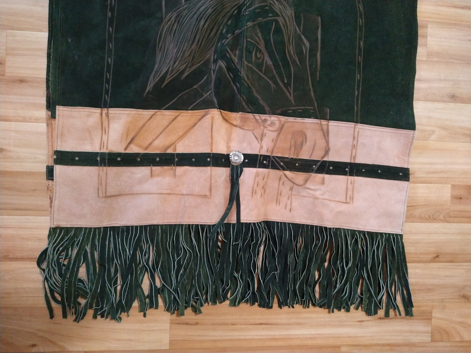 Vintage Armando’s Leather/Suede Fringed Poncho Horse Design Front and Back