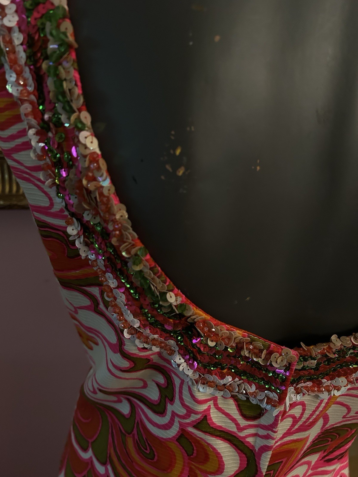 Vintage Cameo Psychedelic Maxi Dress 10 Orange White Pink Cotton Sequins Trim