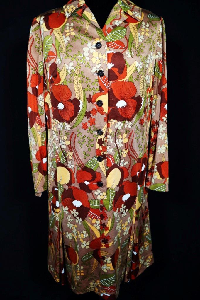 PLUS SIZE VINTAGE FRENCH 1970’S VIVID FALL COLOR FLORAL PRINT DRESS SIZE 16