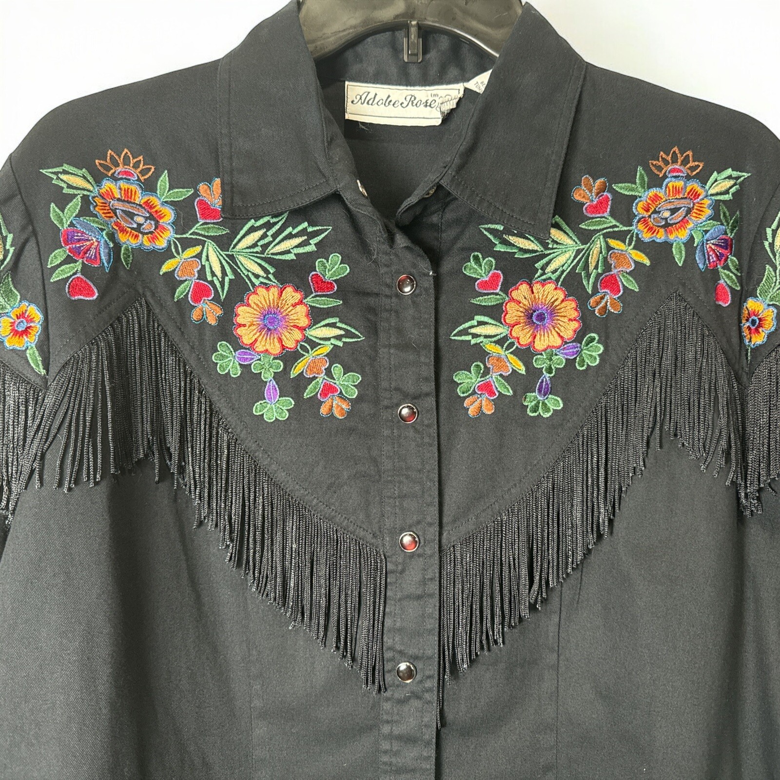 VINTAGE RARE ADOBE ROSE WOMEN’S Black FRINGE FLOWER DESIGN WESTERN SHIRT SZ L