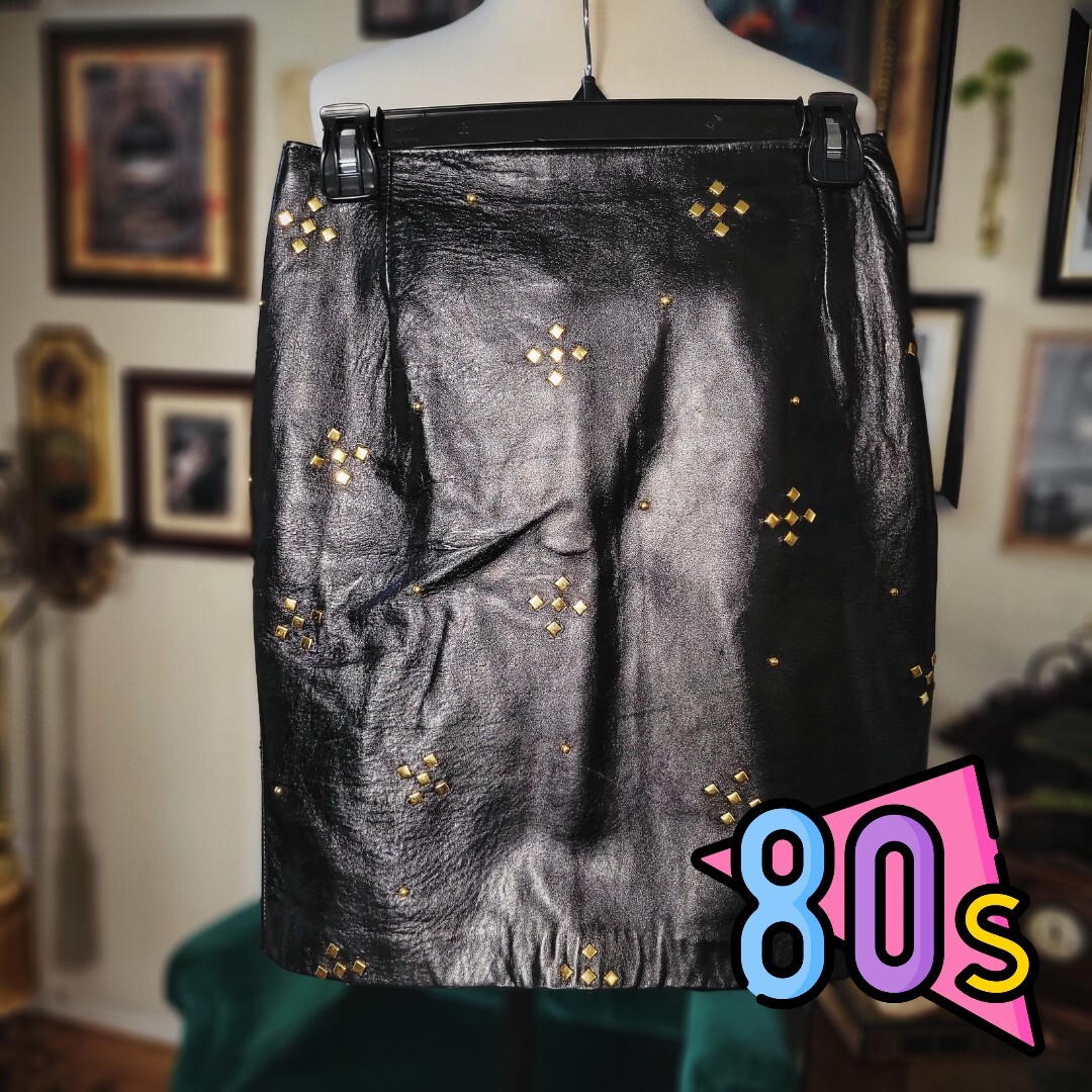 80s VINTAGE HANNAH 100% Genuine Leather Black Skirt With Gold Studs