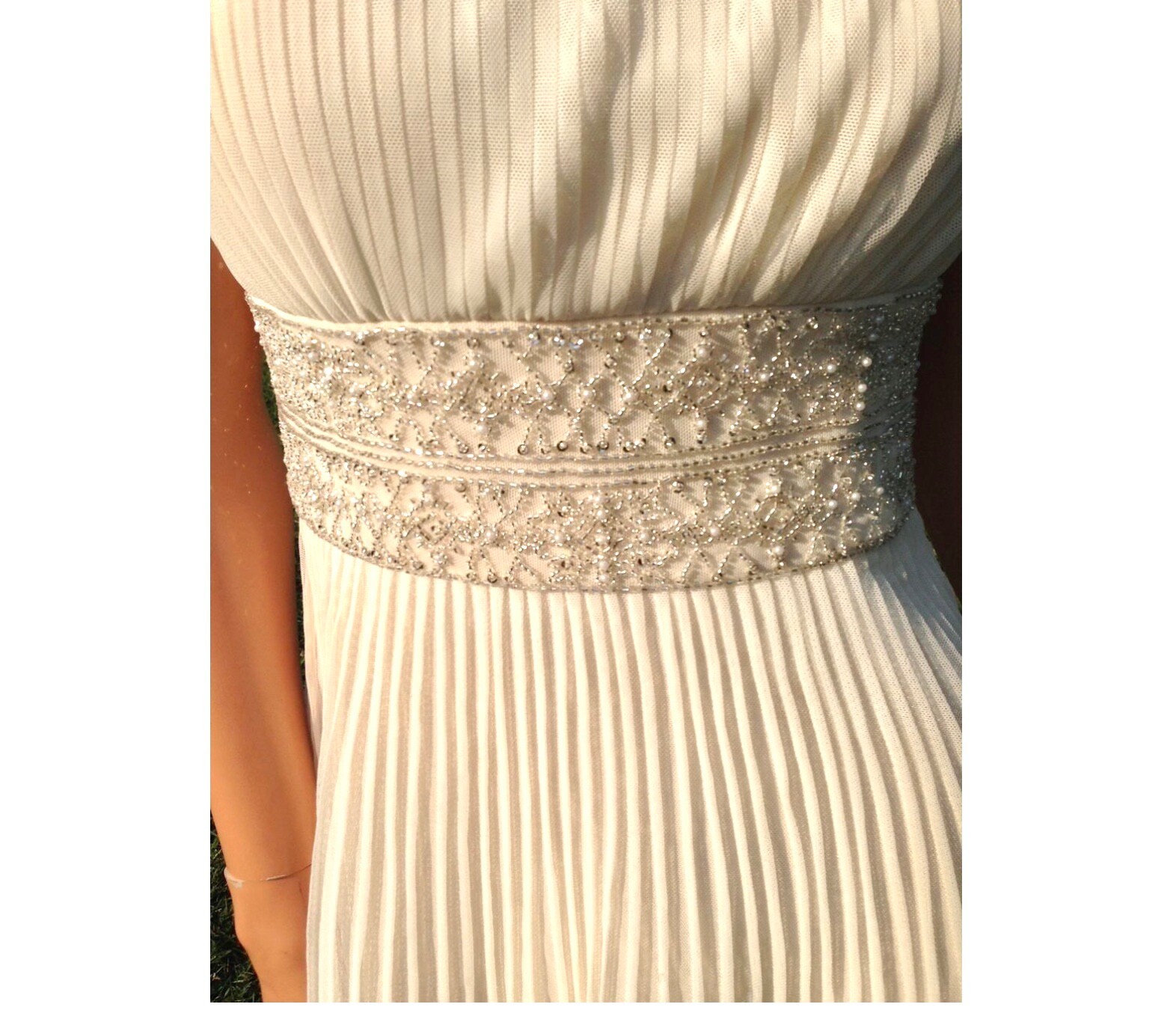 Women’s Ivory Beaded Empire Waist Perma-Pleat Fit & Flare Spag Strap Party Dress