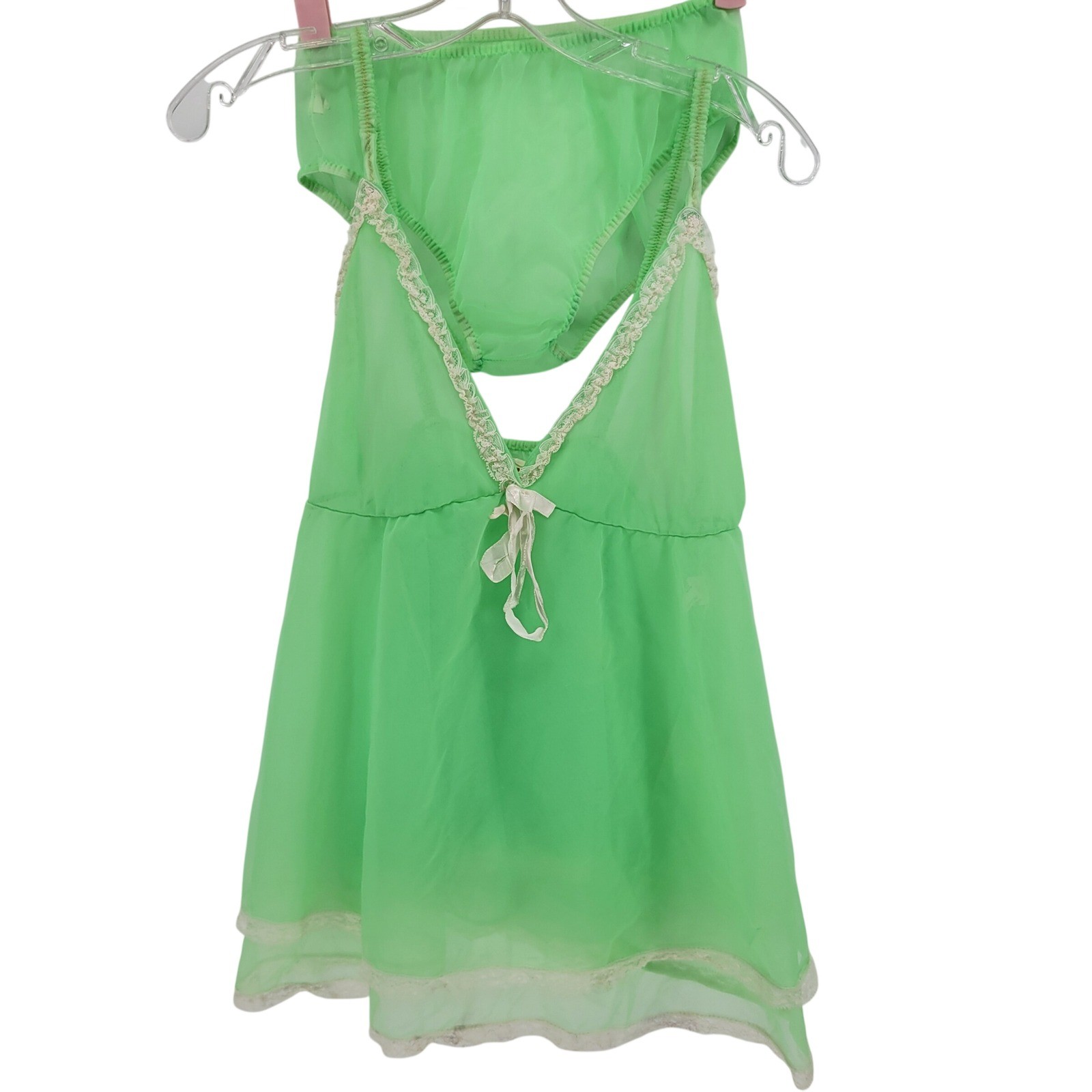 Vintage Avian Green Sheer Babydoll Lingerie Set Lace Trim 2 Piece Small Retro
