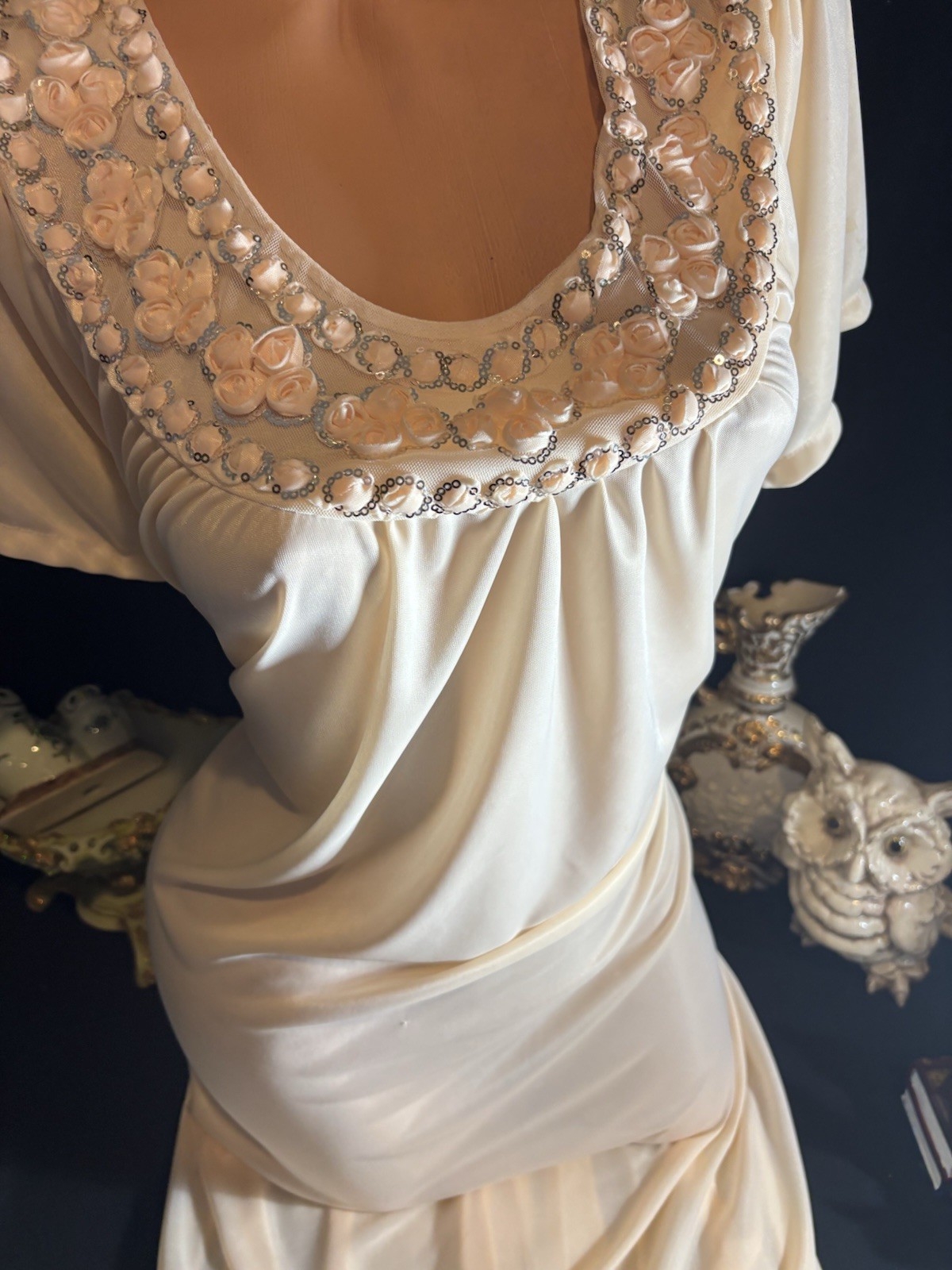 Vtg Satin Soft CreamSickle Shiny Silver Sequins Gown Sheer Long Dress Nightgown