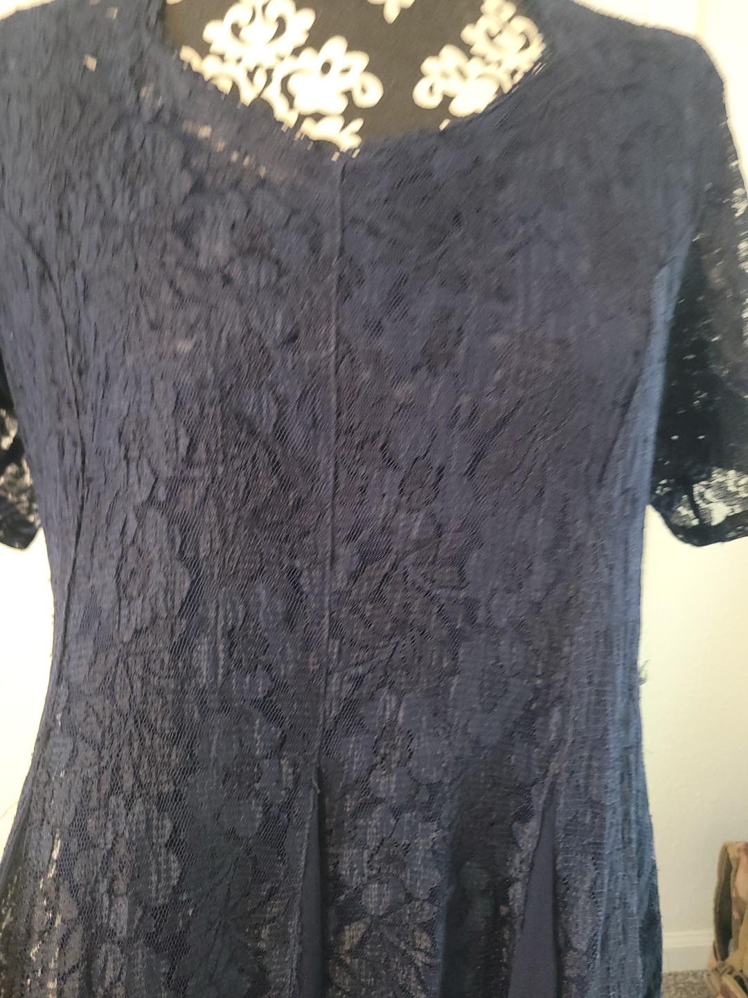 VTG Nostalgia Chiffon Lace Blue Sheer Overlay Maxi Dress Sz L Ethereal Witchcore