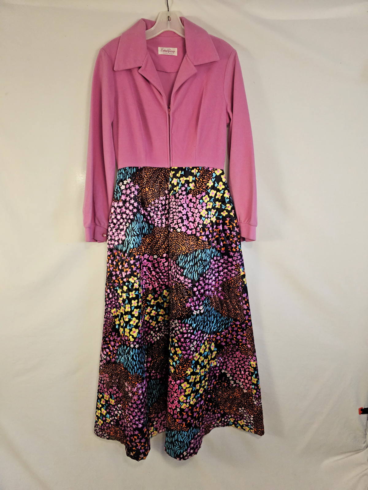 Evelyn Pearson Vintage Lounging Dress 1970s Pink and Floral Maxi Unique