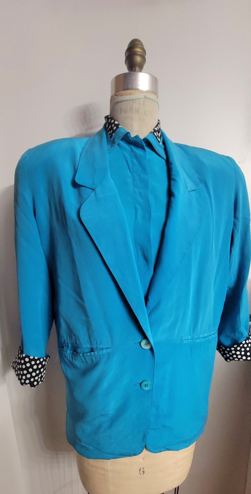 Oleg Cassini Washable Silk Vintage 80’s Turqouise Silk 2-piece Blouse + Blazer