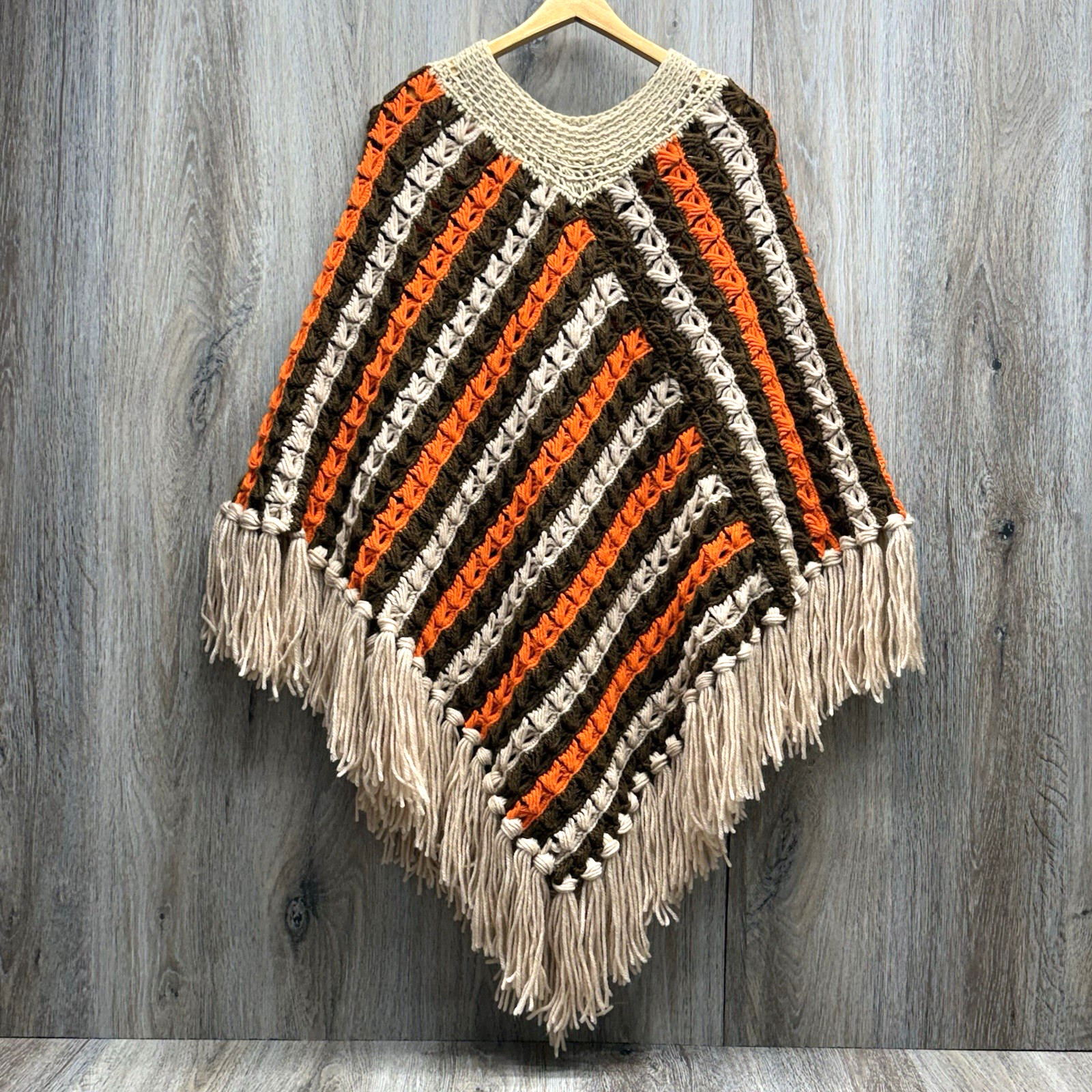 Vintage Poncho Hand Crochet Brown Orange Cream w/Fringe 60’s 70’s Hippie Boho