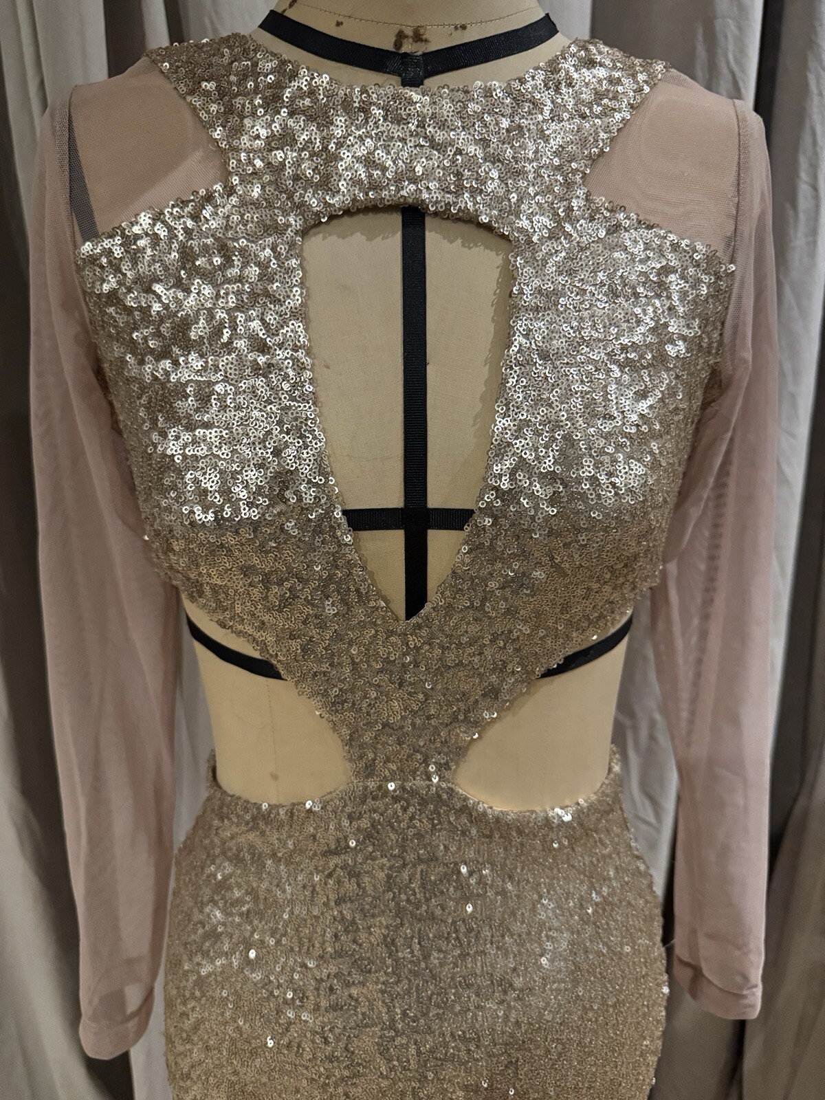 Vintage Custom Stretch Sequin And Mesh Cutout Bodycon Dress S