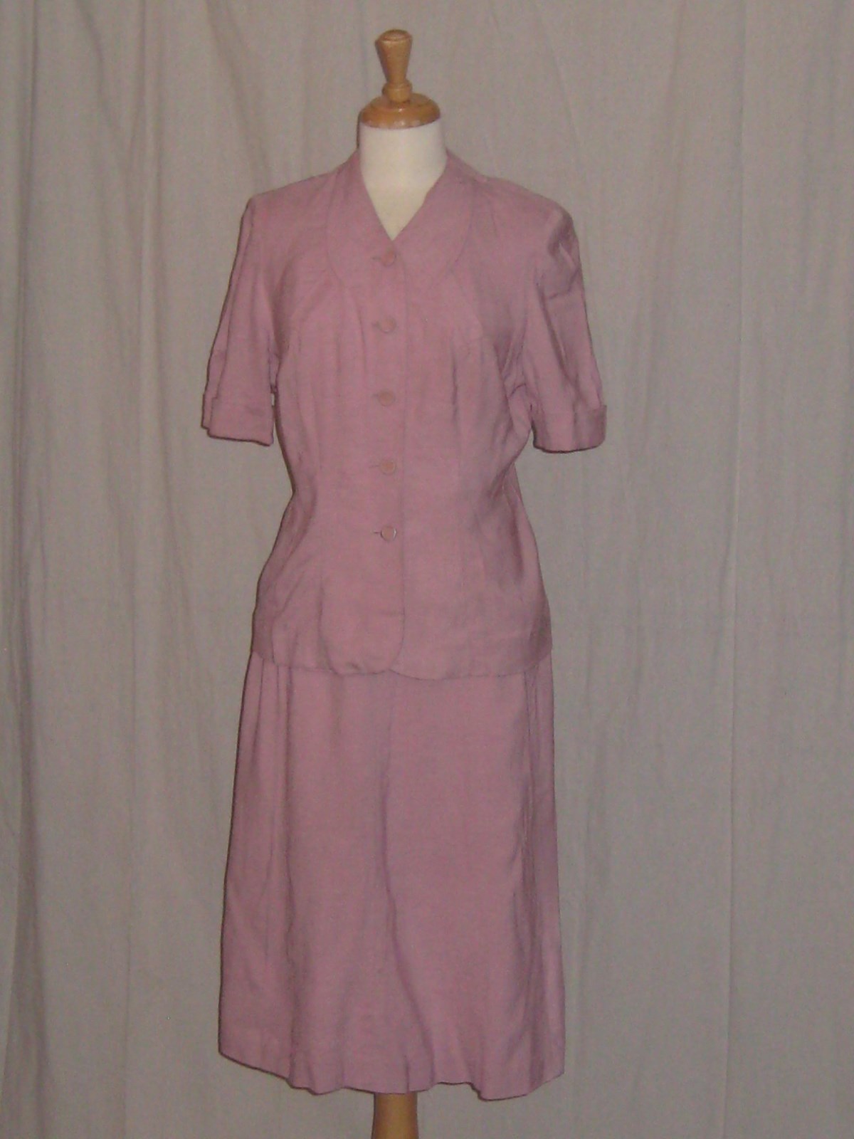 Vintage 1950s Linen Suit Short Sleeve Jacket Dress Skirt Betty Rose Cameo Pink