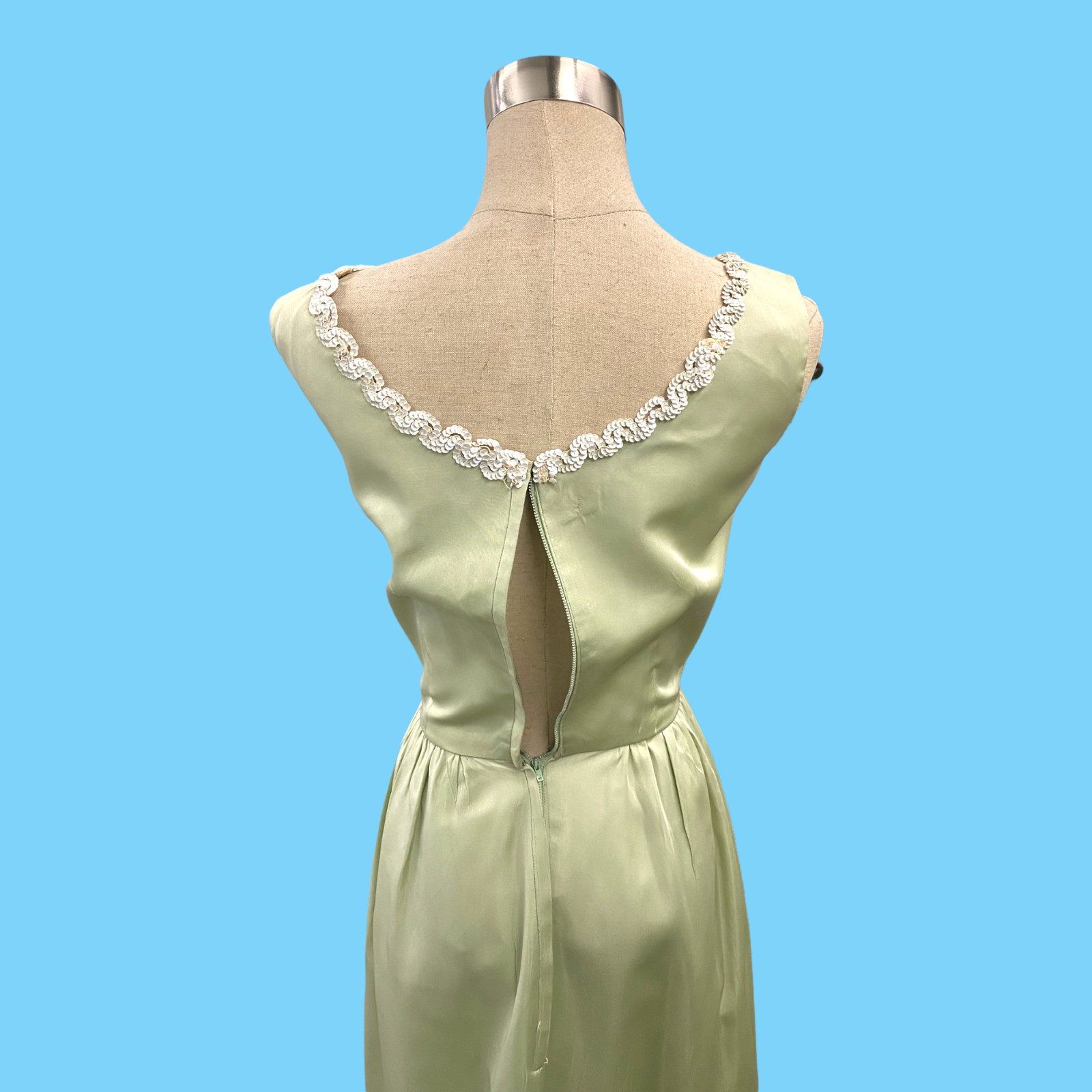 Vintage 1960s Pale Green Maxi Gown W/ Whitge Sequins Small