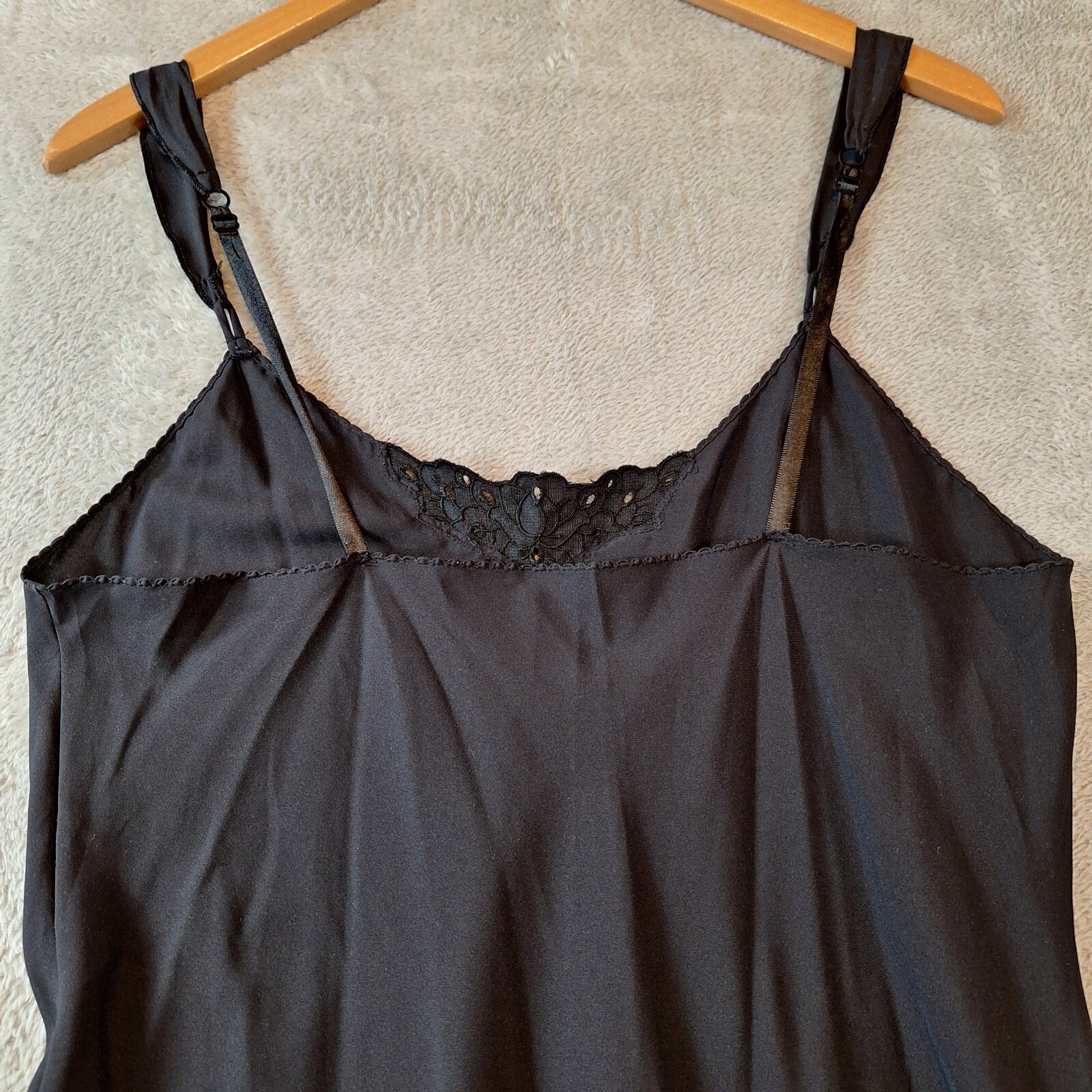 Vanity Fair Slip Dress Womens 38 Black Midi Floral Applique Nightgown USA Vtg