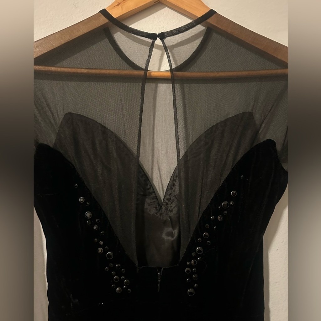 Vintage Ann Lawrence Black Velvet & Sheer Mesh Evening Gown Dress Size 8 Witchy